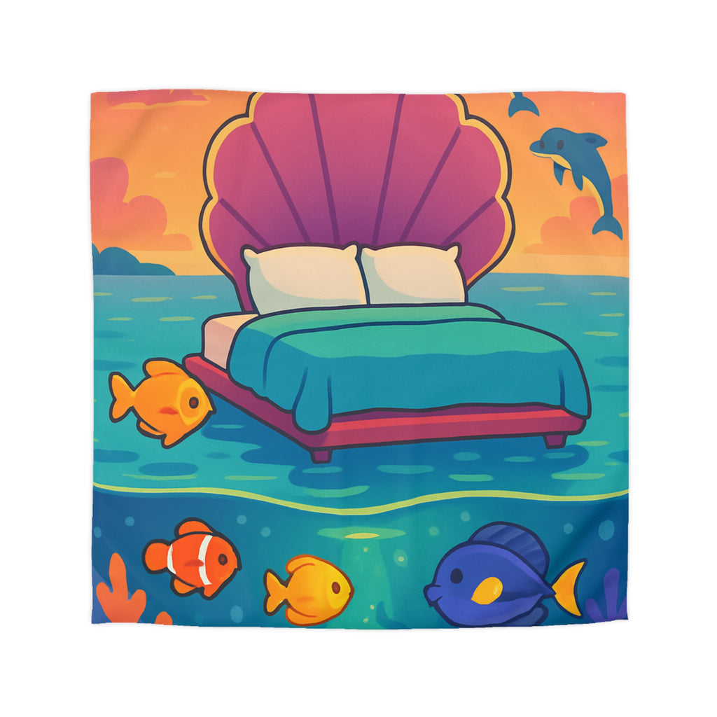 Housse de couette océan, lit coquillage, poissons tropicaux, ambiance coucher de soleil