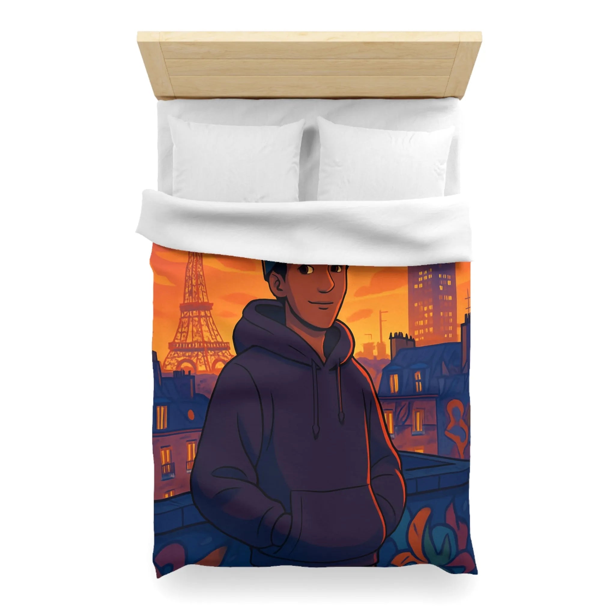 Housse de couette colorée avec ville, tour emblématique et vol de pigeons au crépuscule