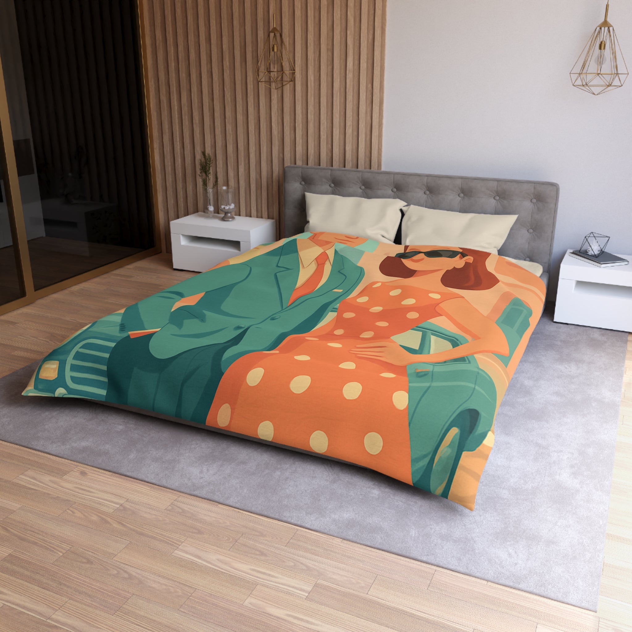 Housse de couette vintage rétro avec couple élégant en habits années 50 chic