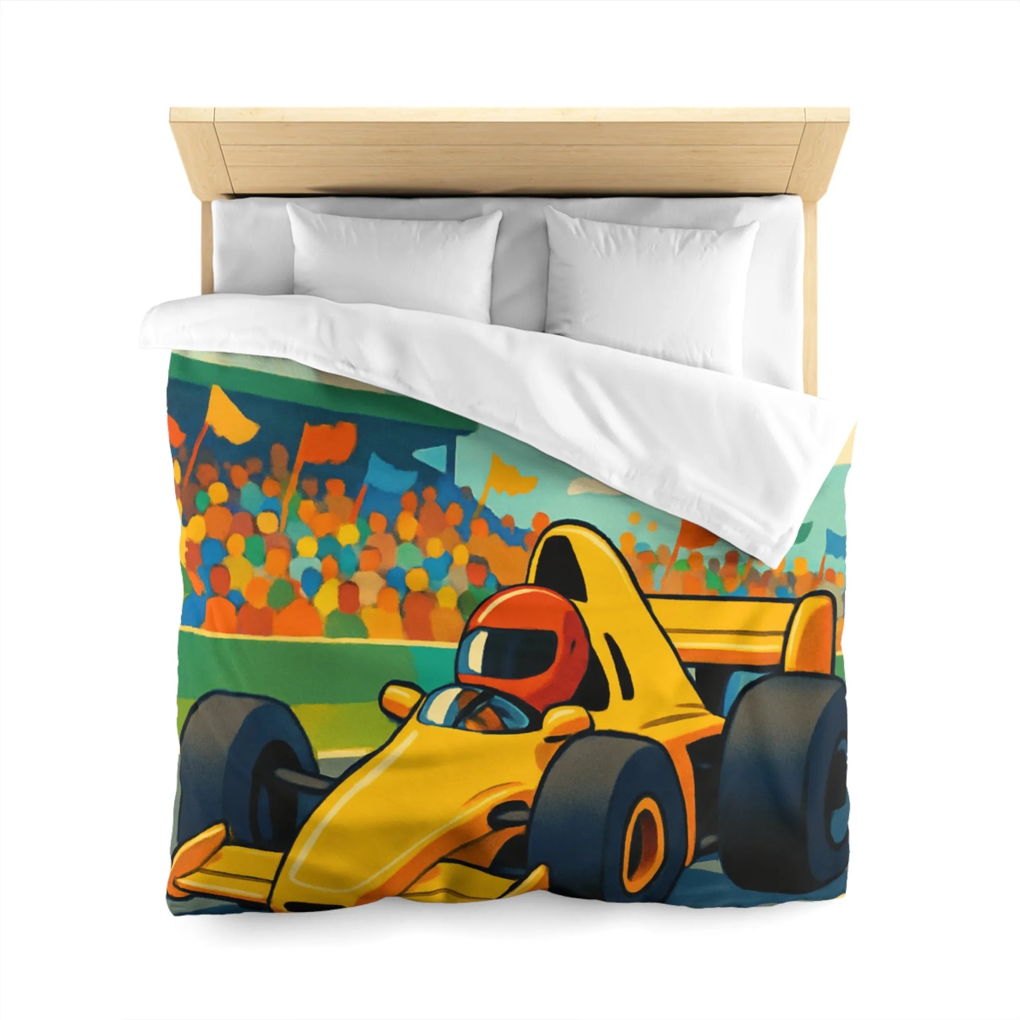 Housse de couette enfant voiture de course jaune circuit ambiance dynamique et colorée