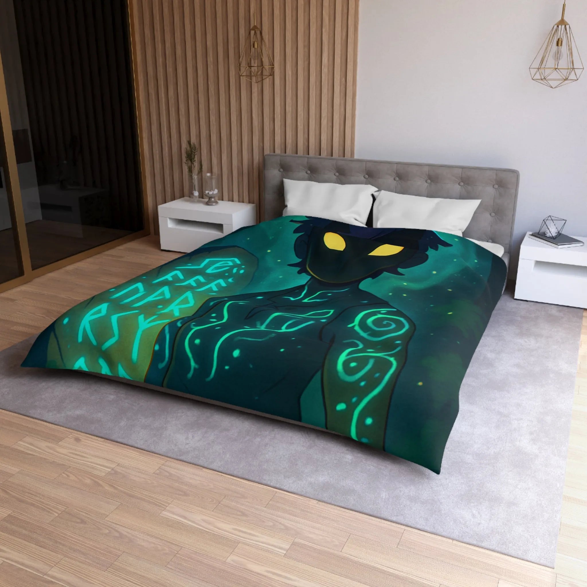 Housse de couette enchantée avec personnage masqué et runes dans une forêt mystique