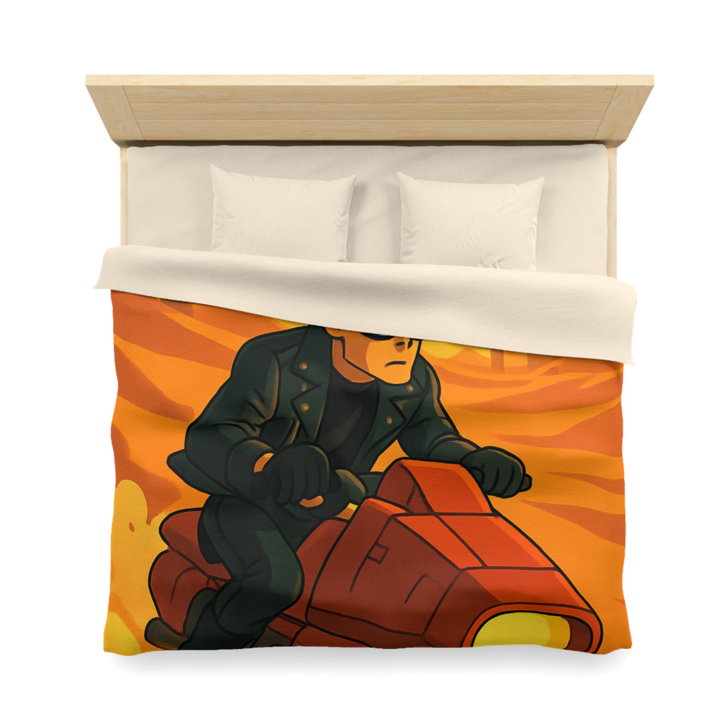 Housse de couette moto futuriste sur désert orangé avec soleil couchant et ruines