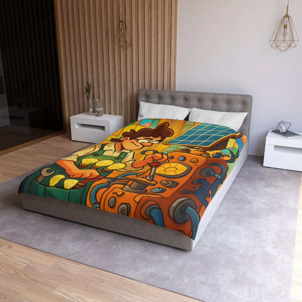 Housse de Couette Illustre Inventeur avec Machine Énergétique et Vitrail Coloré Artistique