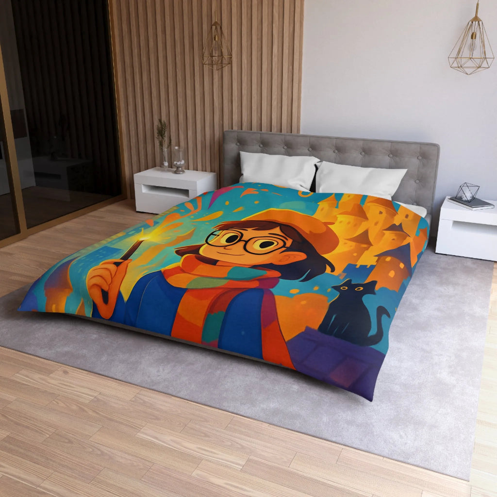 Housse de Couette Éclatante: Jeune Magicienne aux Couleurs Vives et Château Mystérieux
