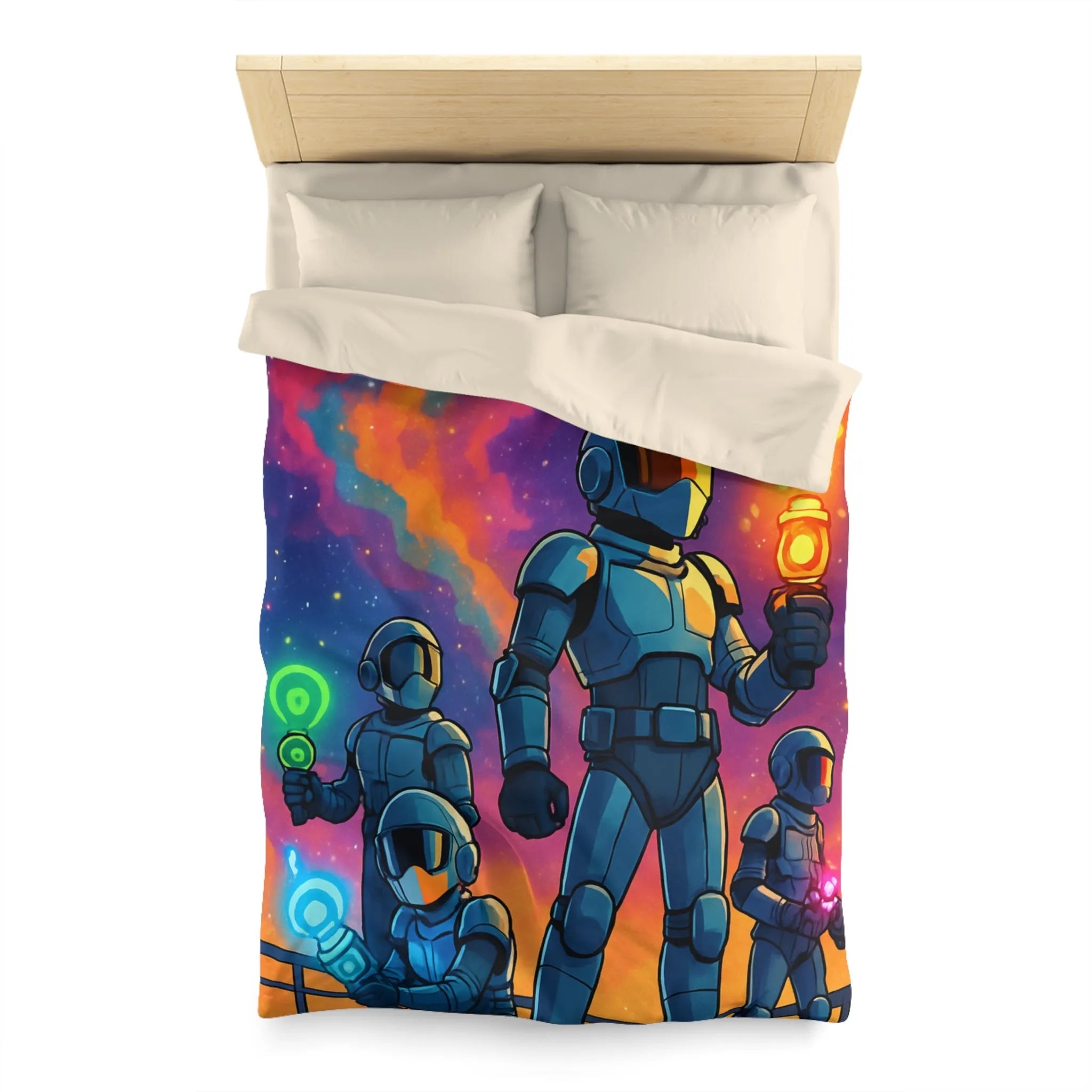 Housse de couette futuriste colorée avec quatre astronautes sous galaxie vibrante et étoilée