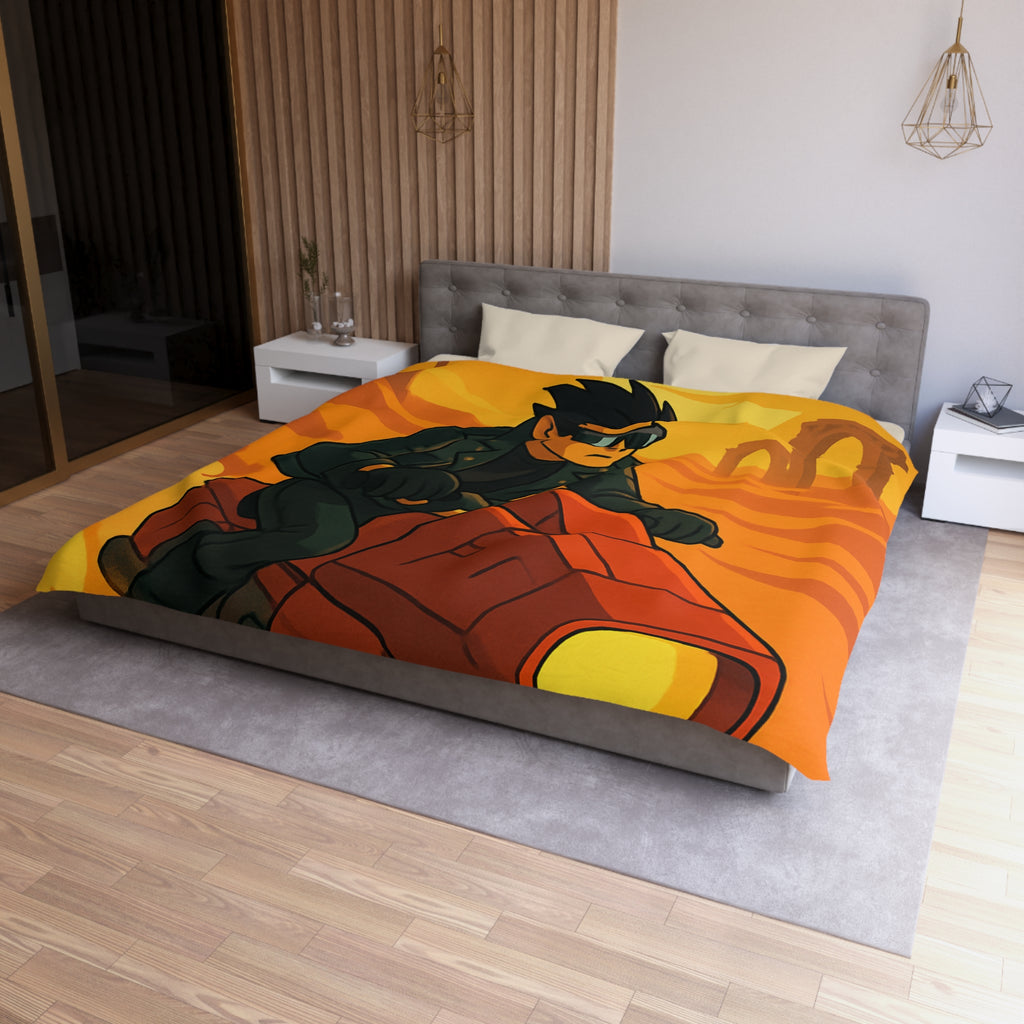 Housse de couette moto futuriste sur désert orangé avec soleil couchant et ruines