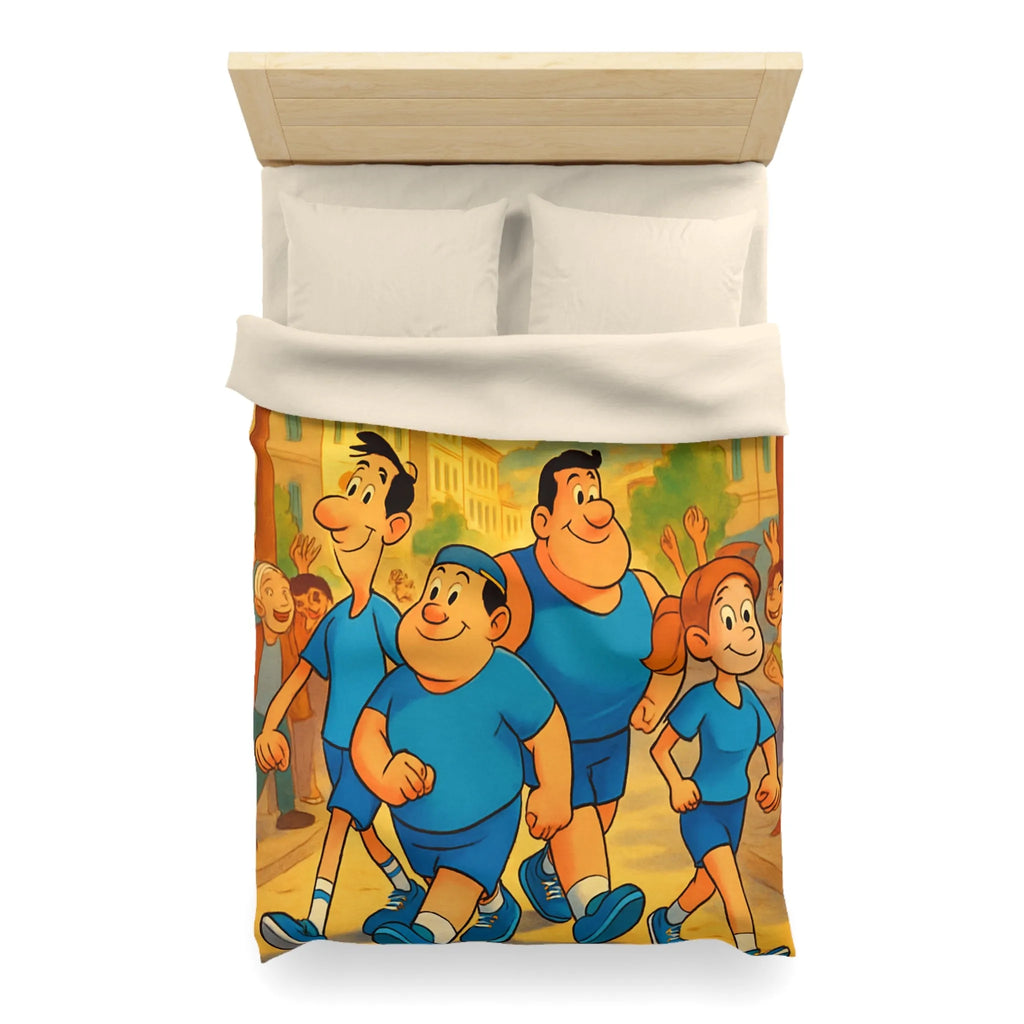 Housse de couette colorée avec personnages marchant joyeusement dans une rue animée