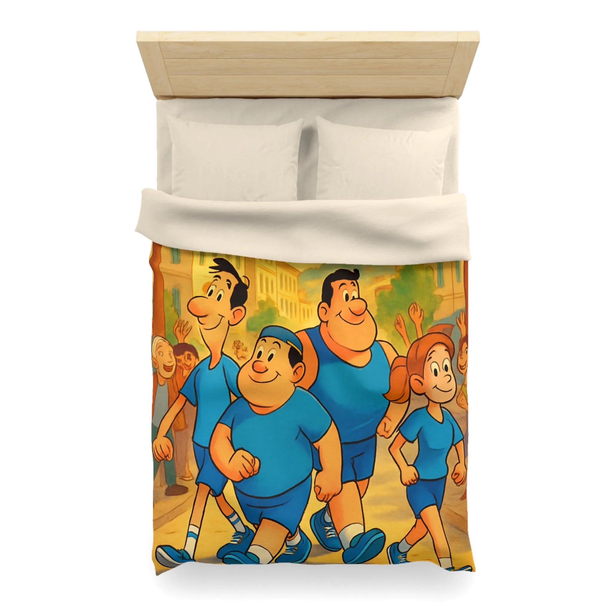 Housse de couette colorée avec personnages marchant joyeusement dans une rue animée