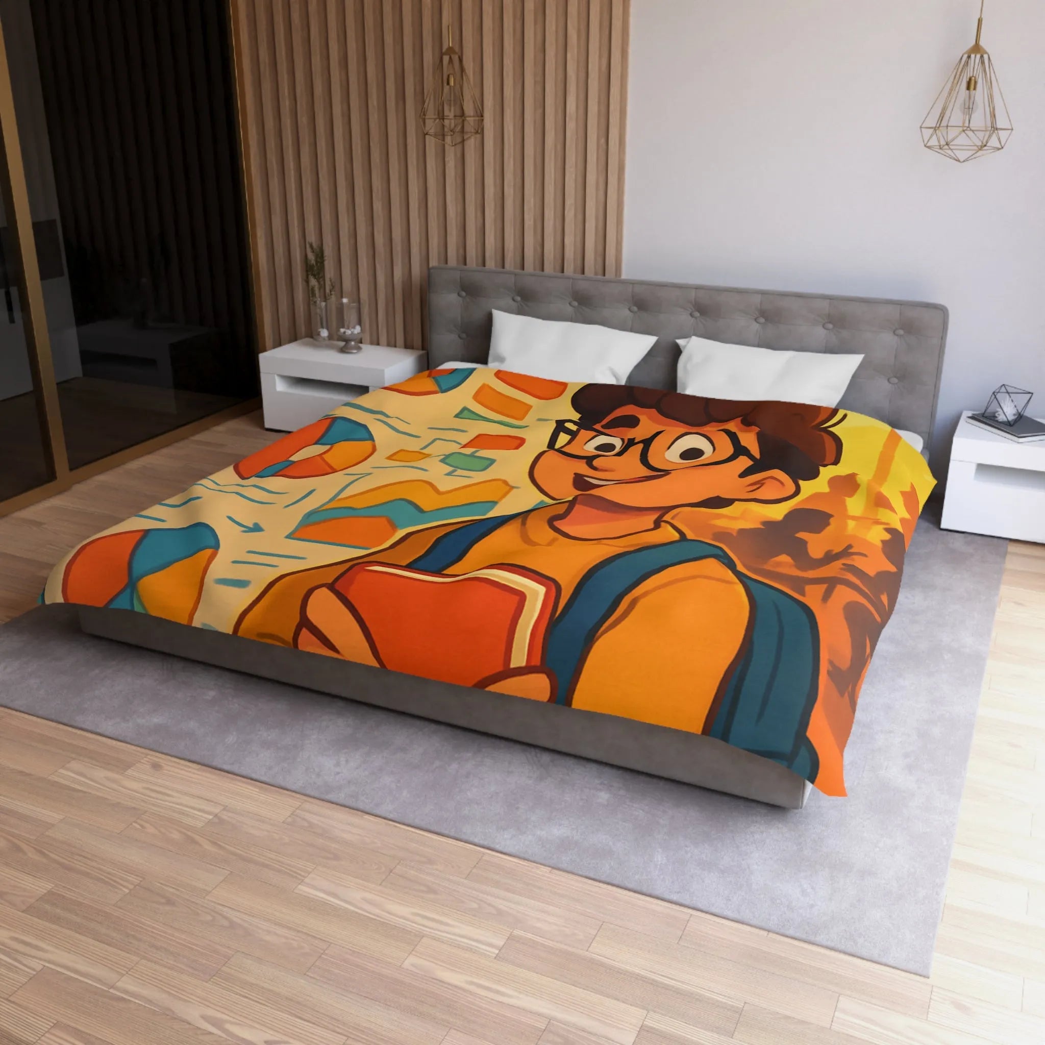 Housse de couette avec motif graphique coloré et personnage étudiant portant lunettes
