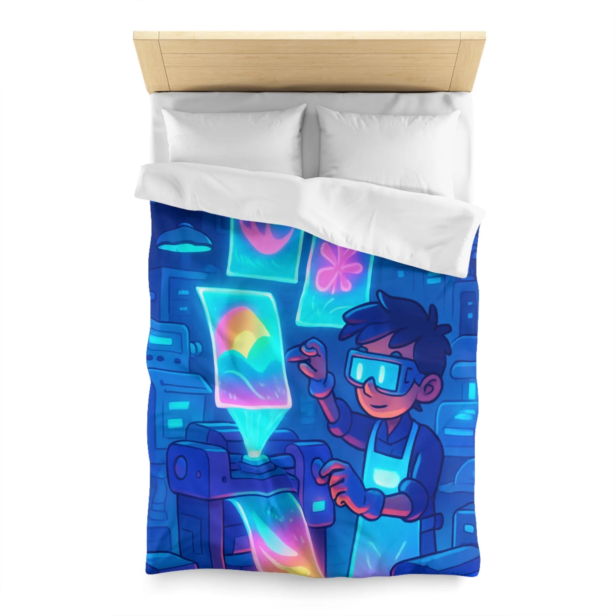 Housse de couette avec design futuriste lumineux d'imprimante et personnage créatif