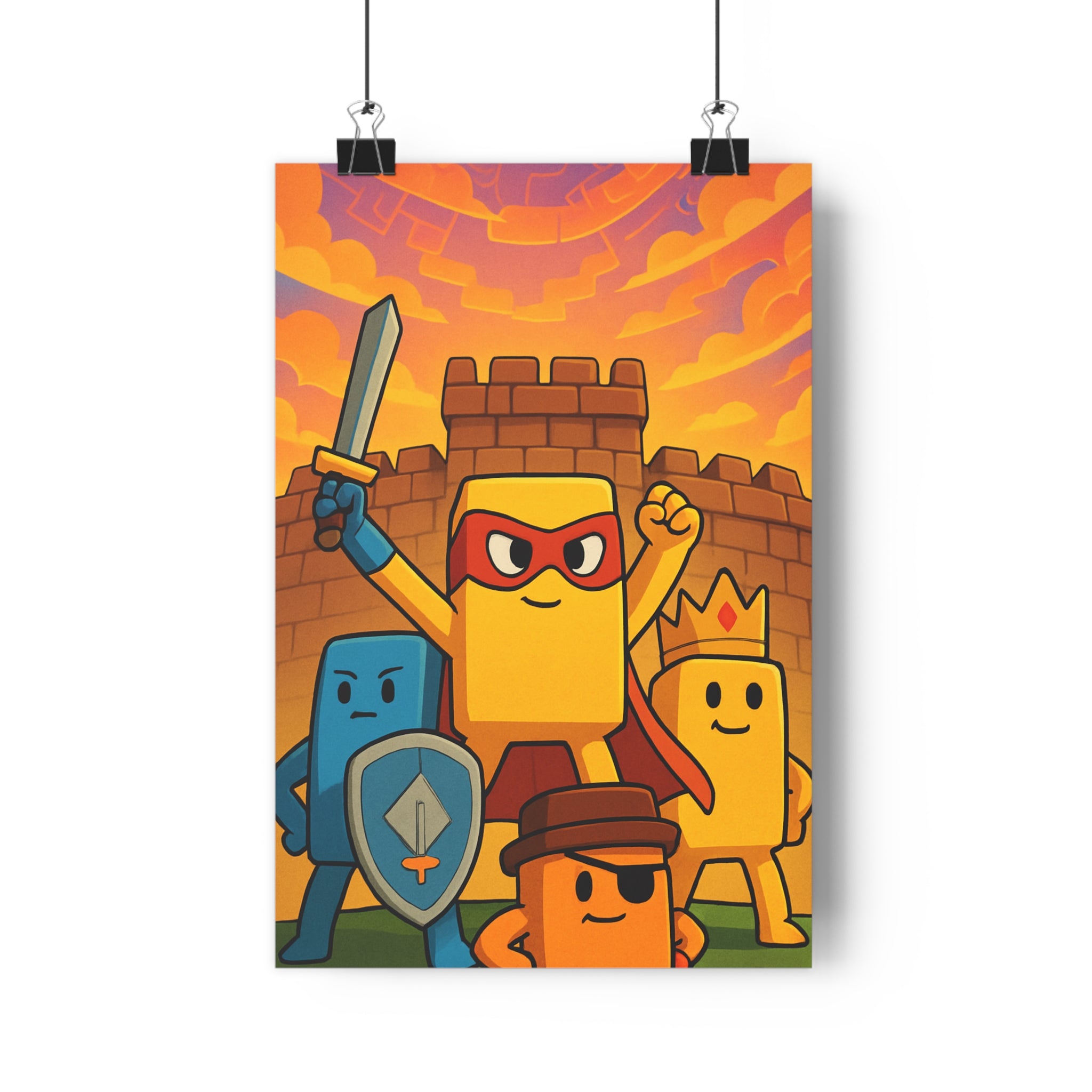 Poster décoratif cartoon héros jaune bleu aventure dynamique enfant chambre vibrant créatif artistique joyeux