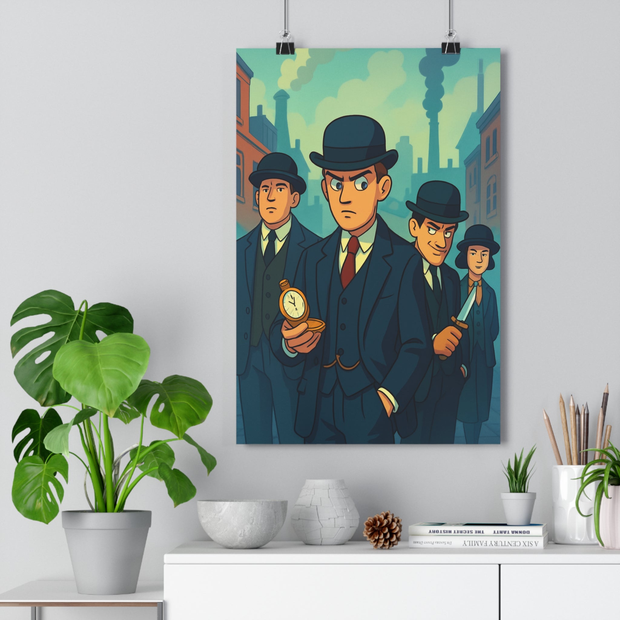 Poster décoratif vintage dessin animé gris noir industriel salon bureau ambiance mystérieuse élégance sophistiquée