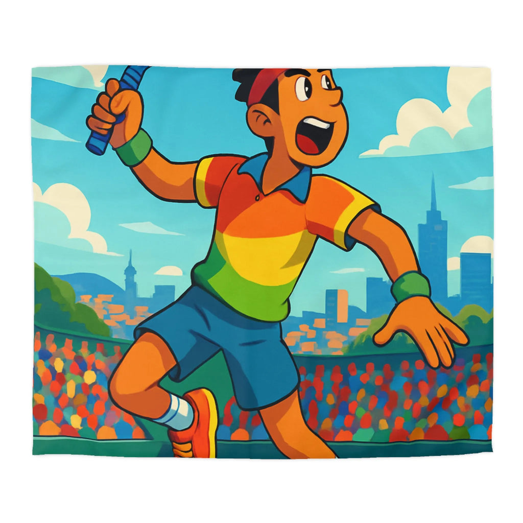 Housse de couette colorée avec joueur de tennis sautant en plein match estival