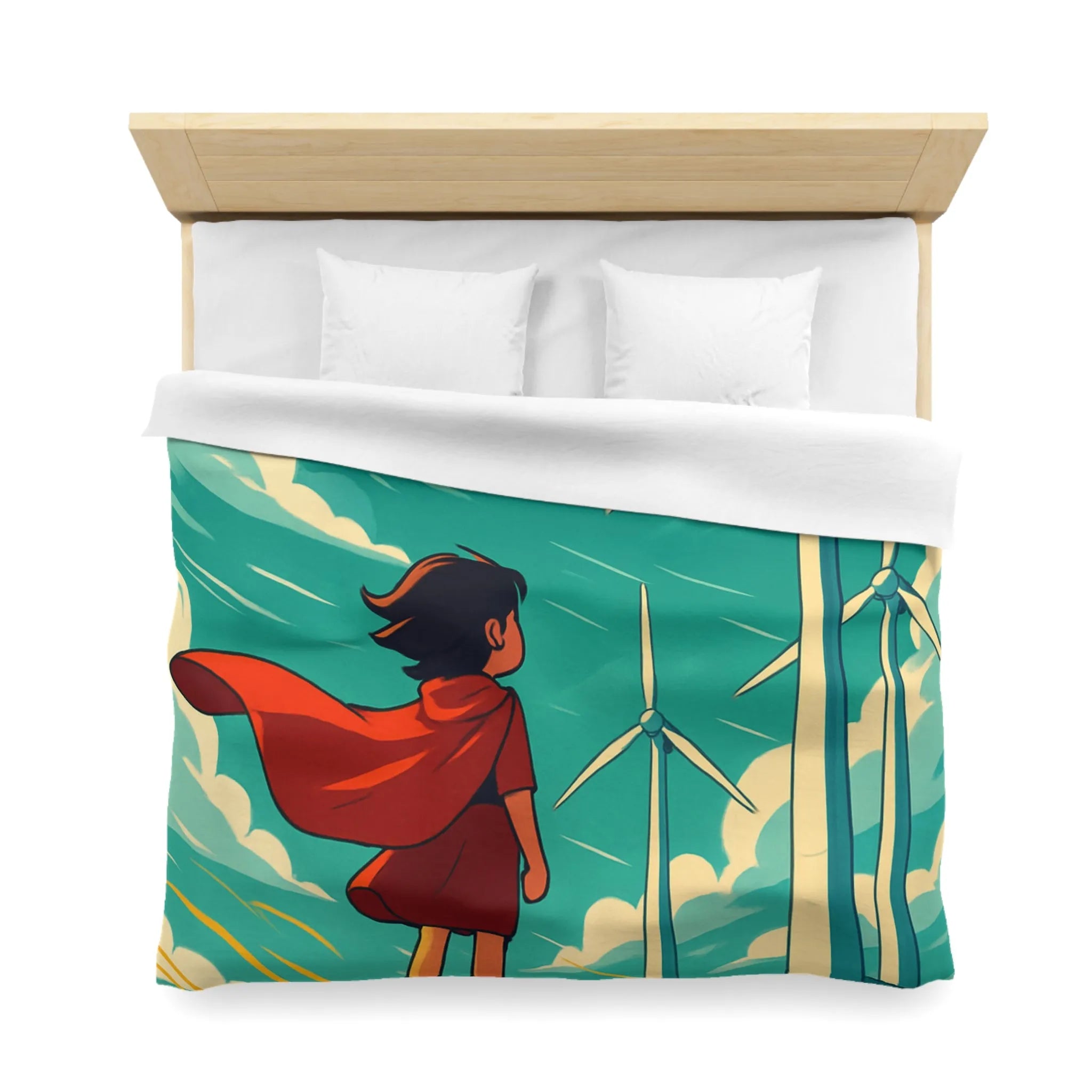 Housse de Couette Enfant avec Éoliennes et Paysage Venté Rouge et Bleu