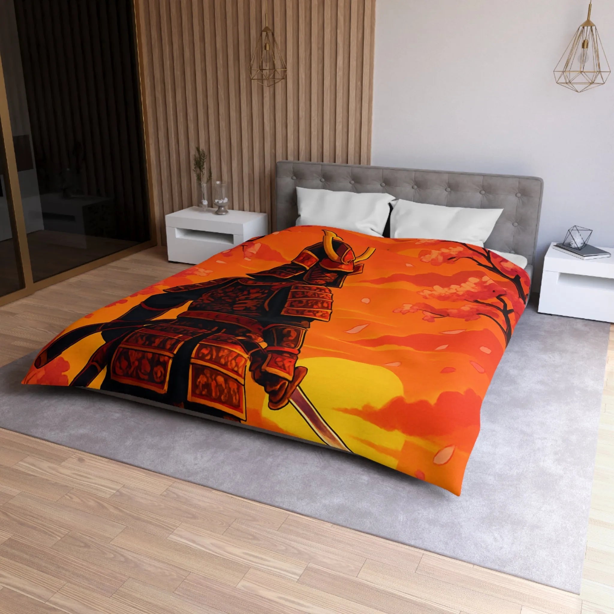 Housse de couette avec motif samouraï au coucher du soleil, arbres et fleurs roses