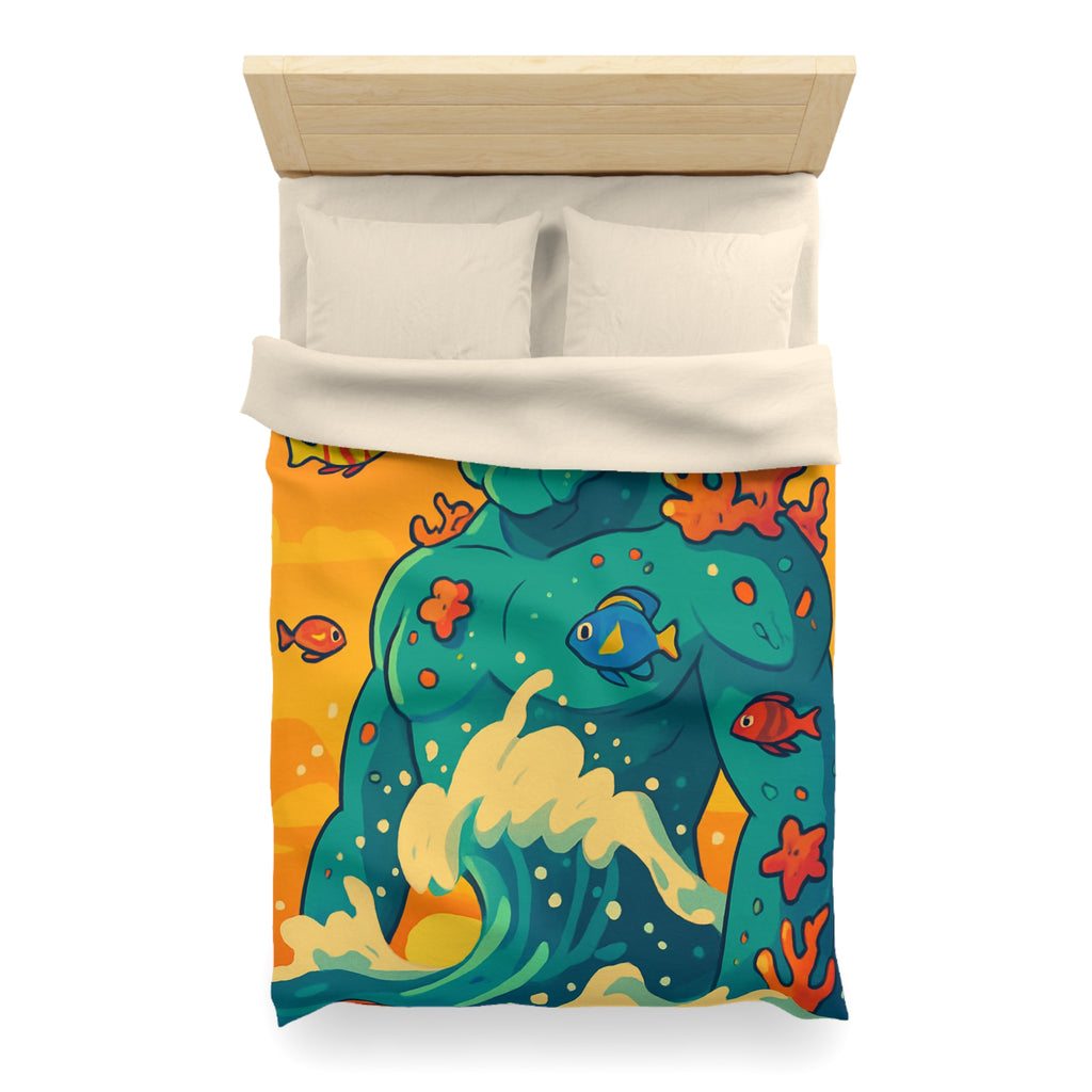 Housse de Couette Océanique avec Illustration Vibrante de Neptune et Poissons Multicolores