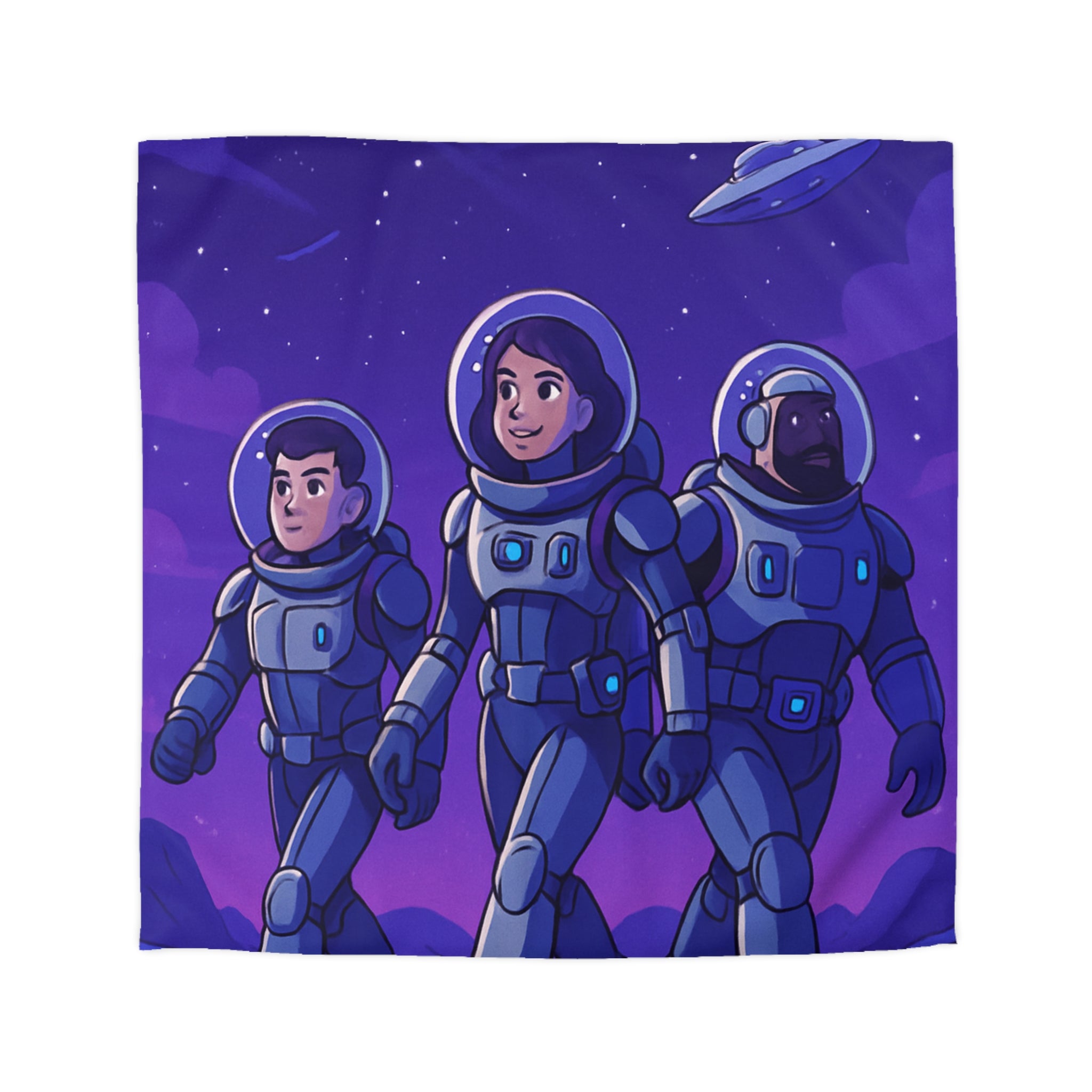 Housse de Couette Spatiale avec Astronautes, Vaisseaux et Étoiles sur Fond Violet