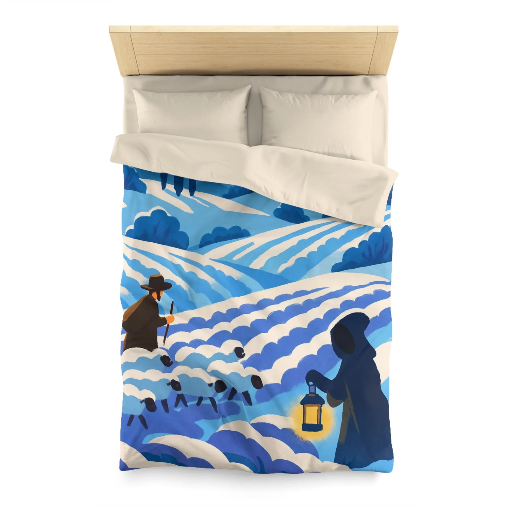 Housse de couette champêtre avec berger, moutons et moulin dans un paysage rêveur