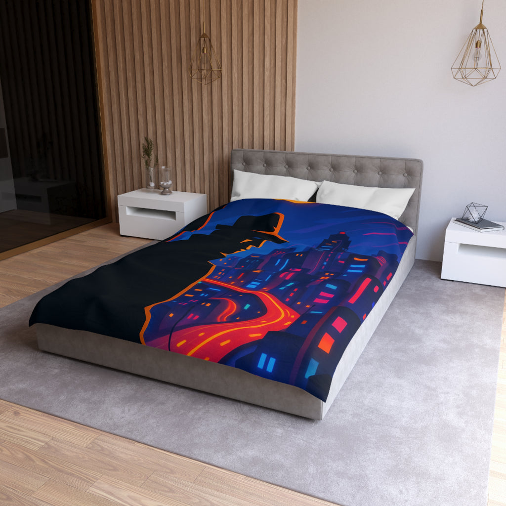 Housse de couette rétro mystérieuse avec silhouette urbaine nocturne et routes lumineuses