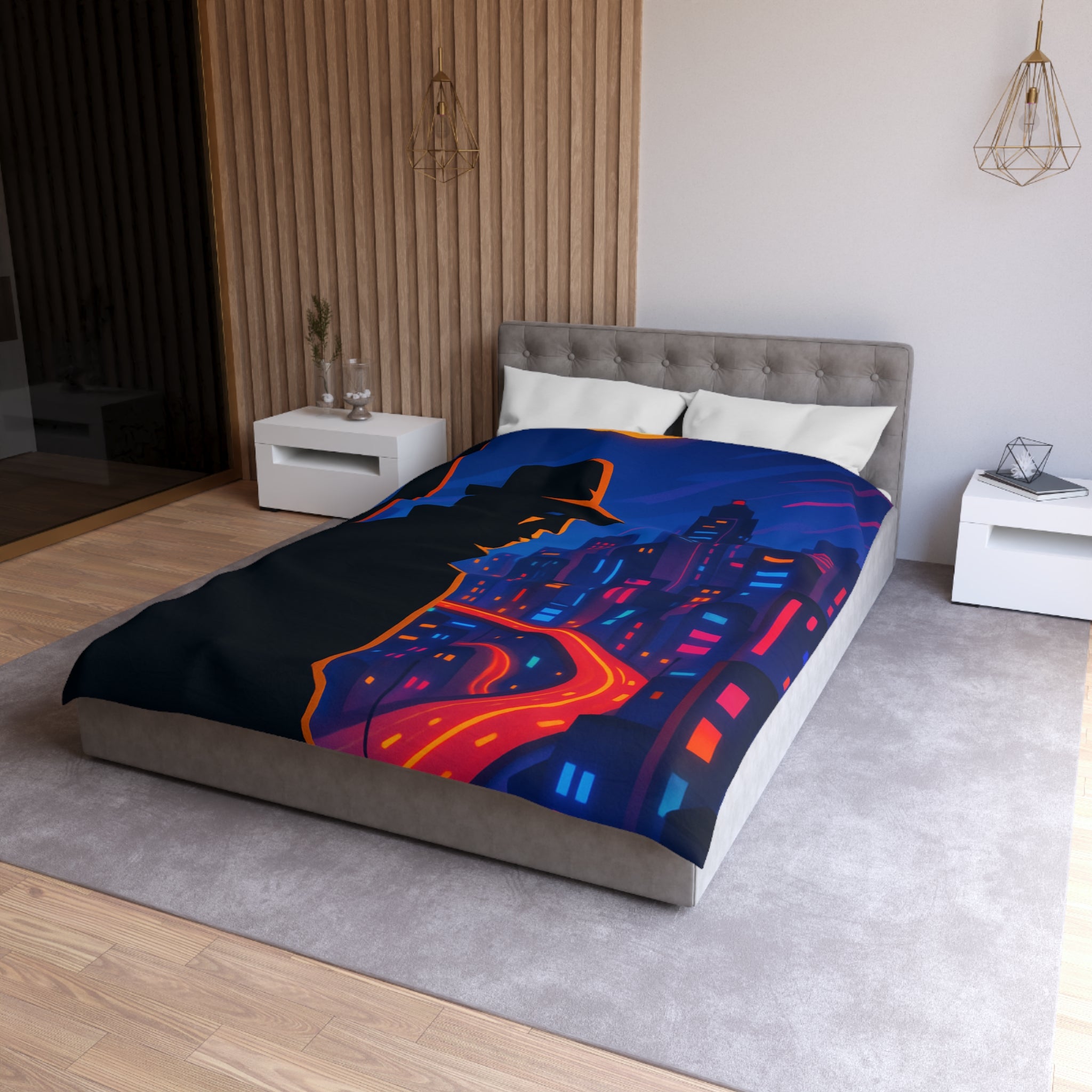 Housse de couette rétro mystérieuse avec silhouette urbaine nocturne et routes lumineuses