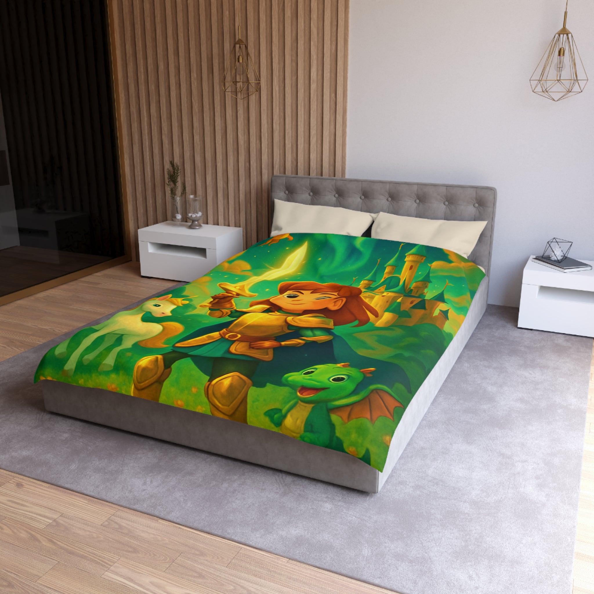 Housse de couette pour enfants avec chevalier, château et animaux fantastiques