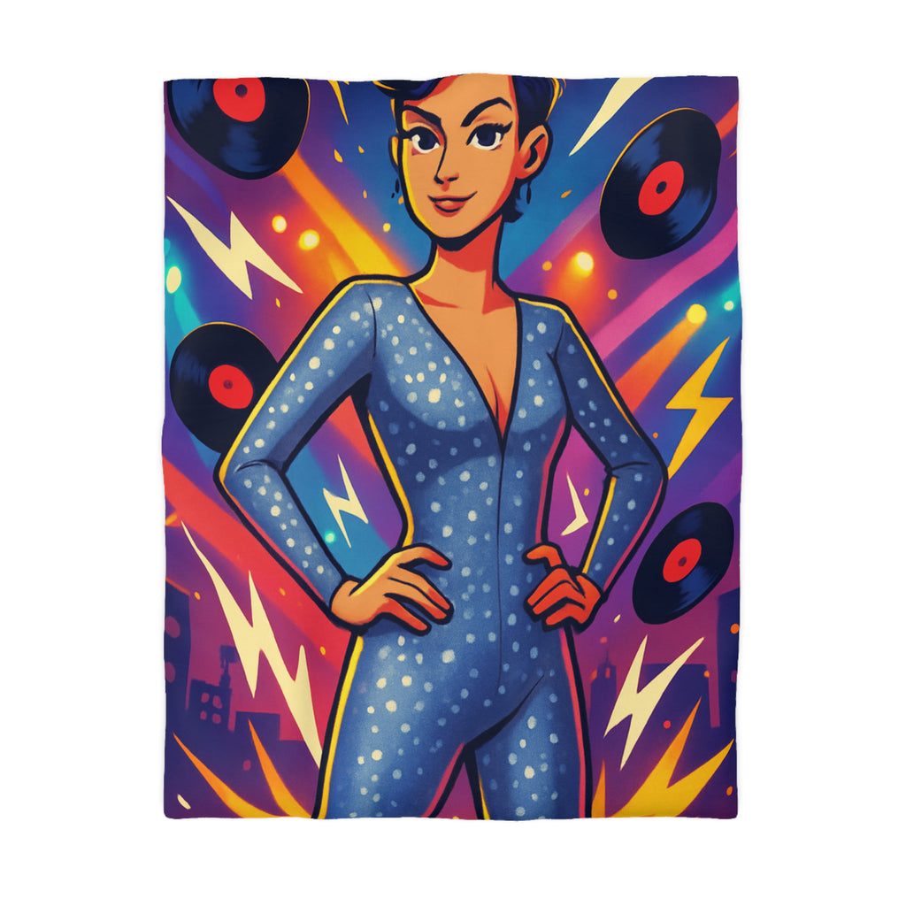Housse de Couette Thématique Musique Vintage avec Femme dans Combinaison Étoilée Scintillante