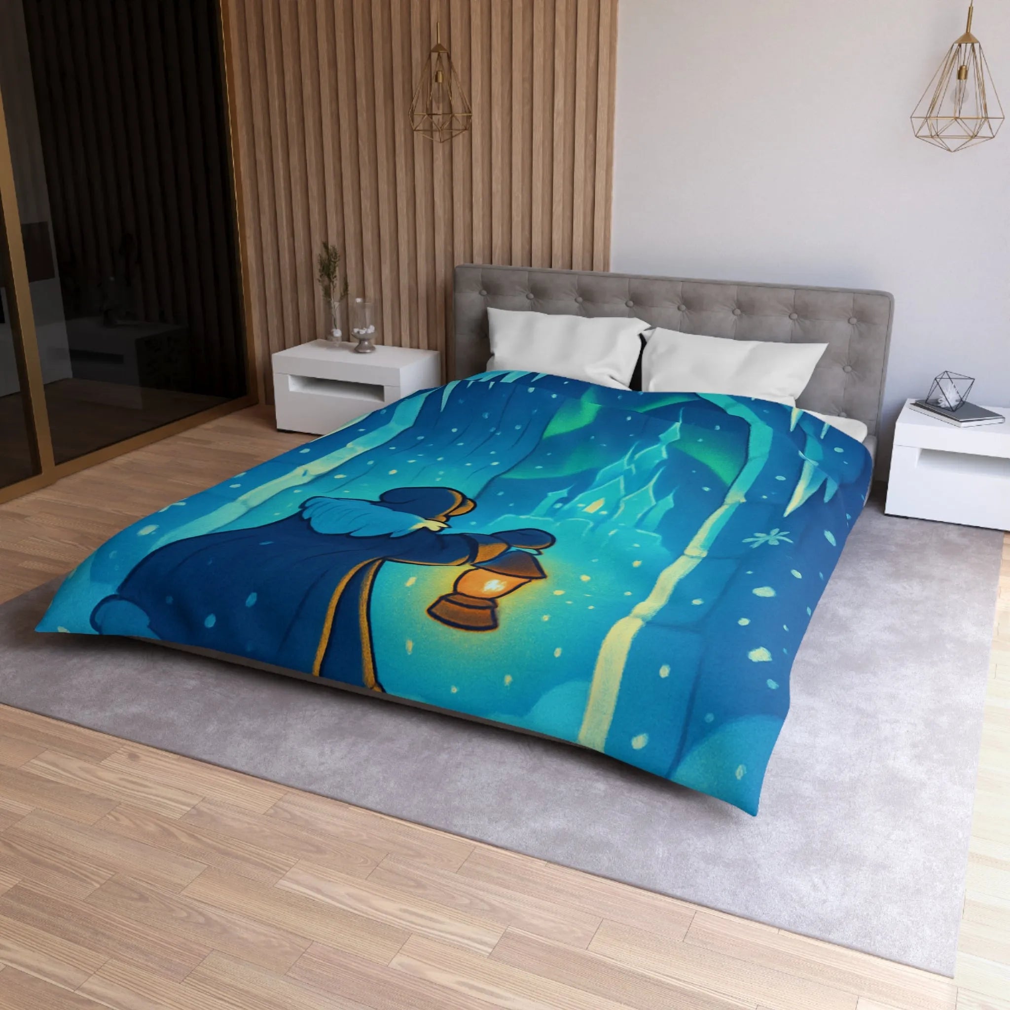 Housse de couette hivernale avec scène lumineuse de paysage enneigé et féérique