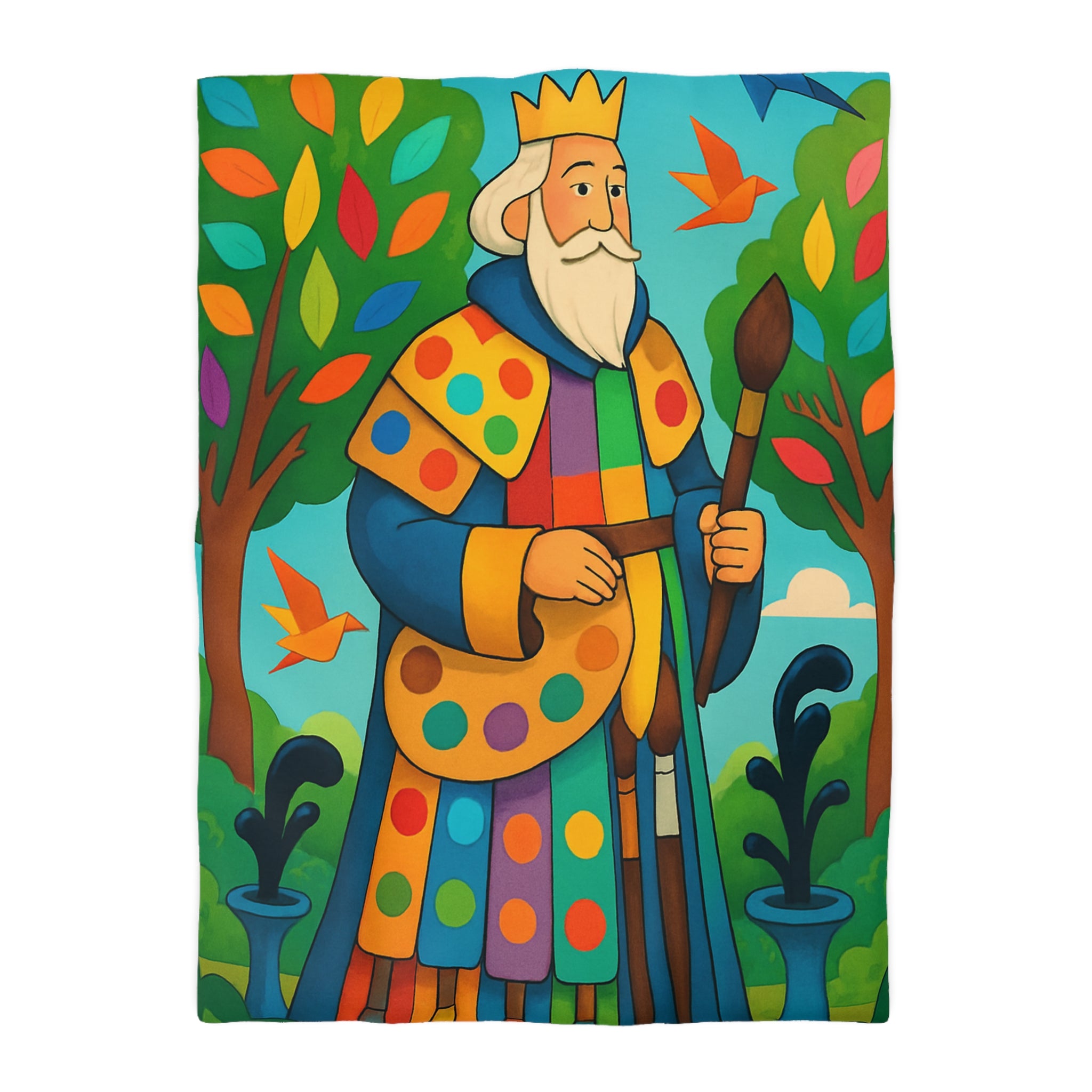 Housse de couette multicolore avec roi et oiseaux dans un jardin enchanteur