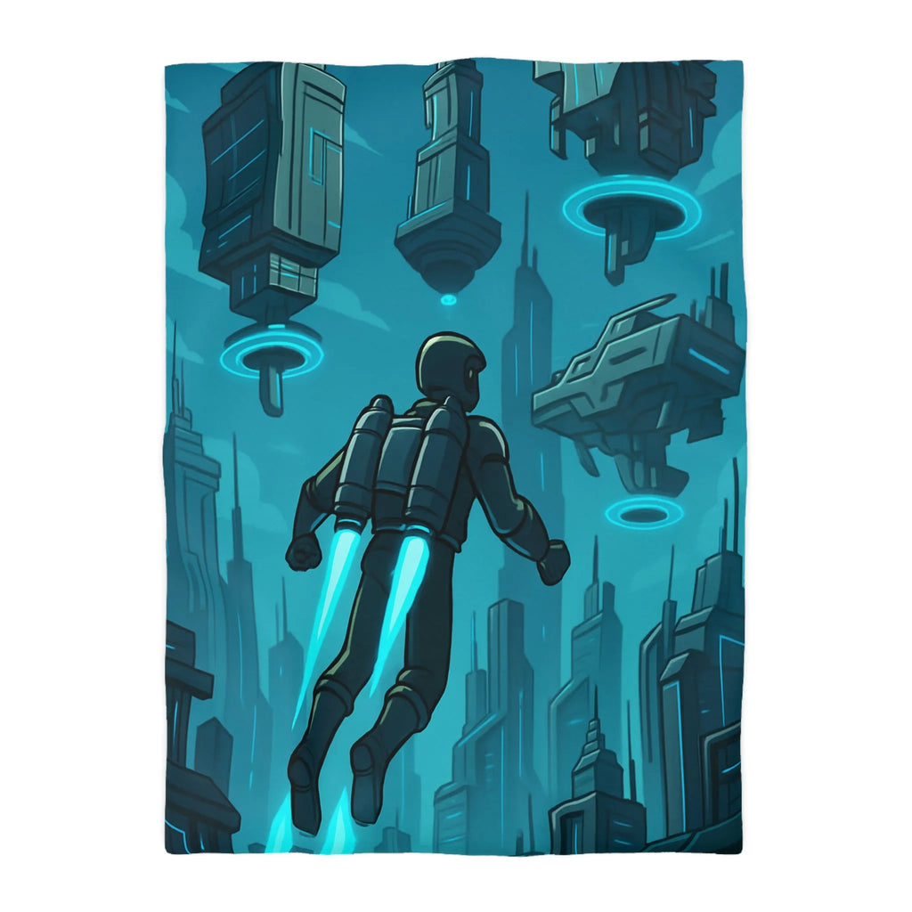 Housse de Couette Futuriste avec Ville Céleste et Homme en Jetpack Néon Bleu
