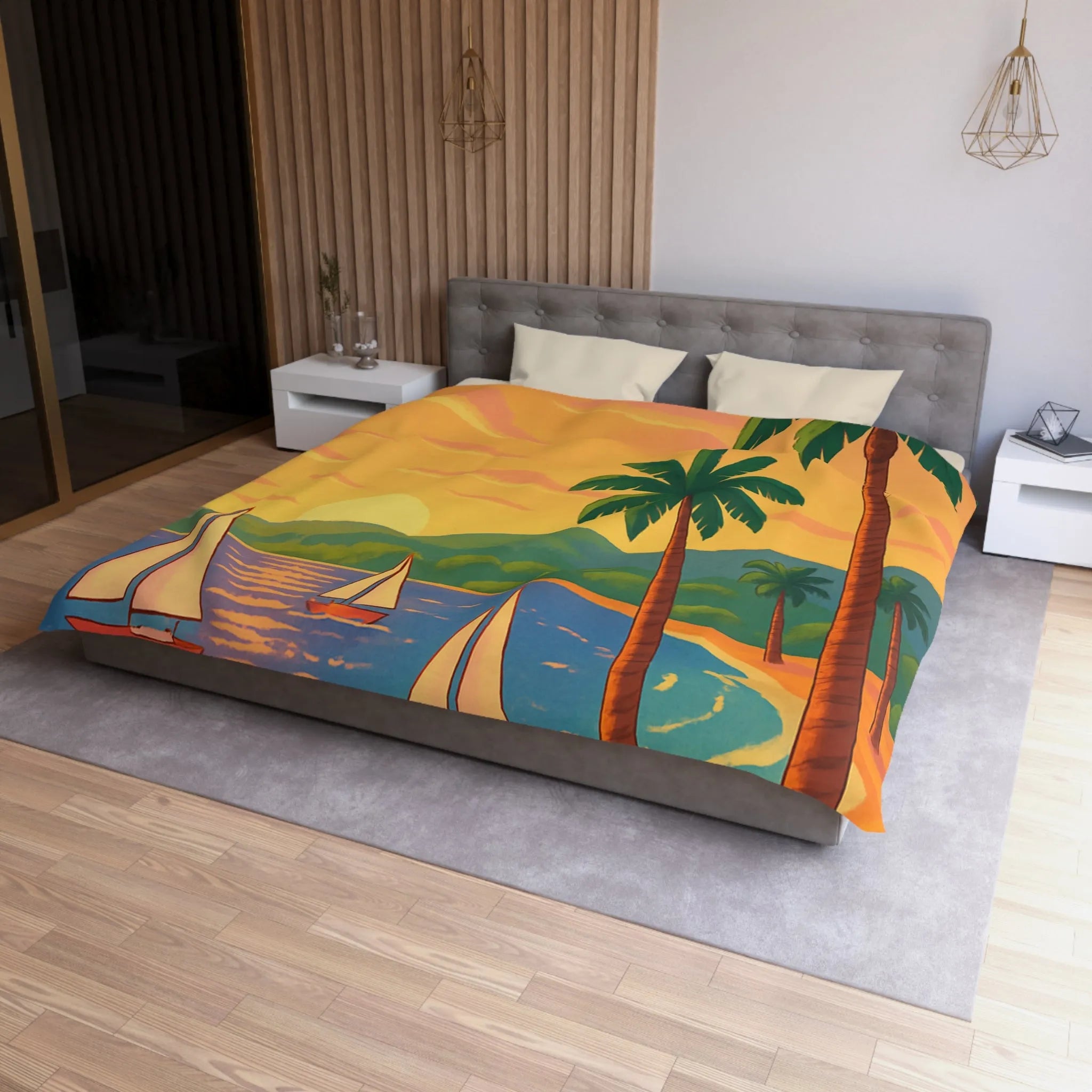 Housse de couette avec motif tropical, plage, palmiers et voiliers au coucher de soleil