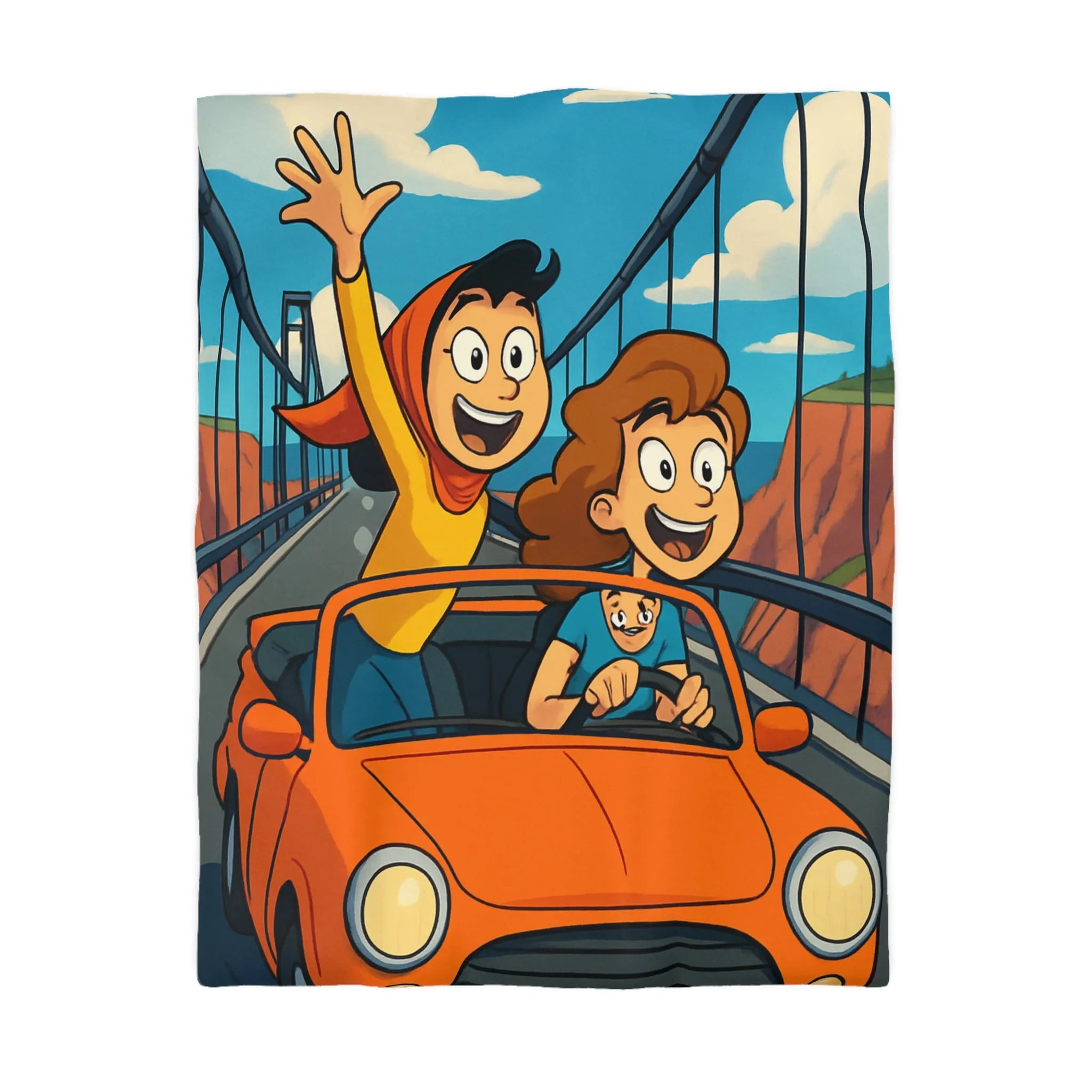 Housse de couette colorée avec illustration de famille en voiture sur pont suspendu