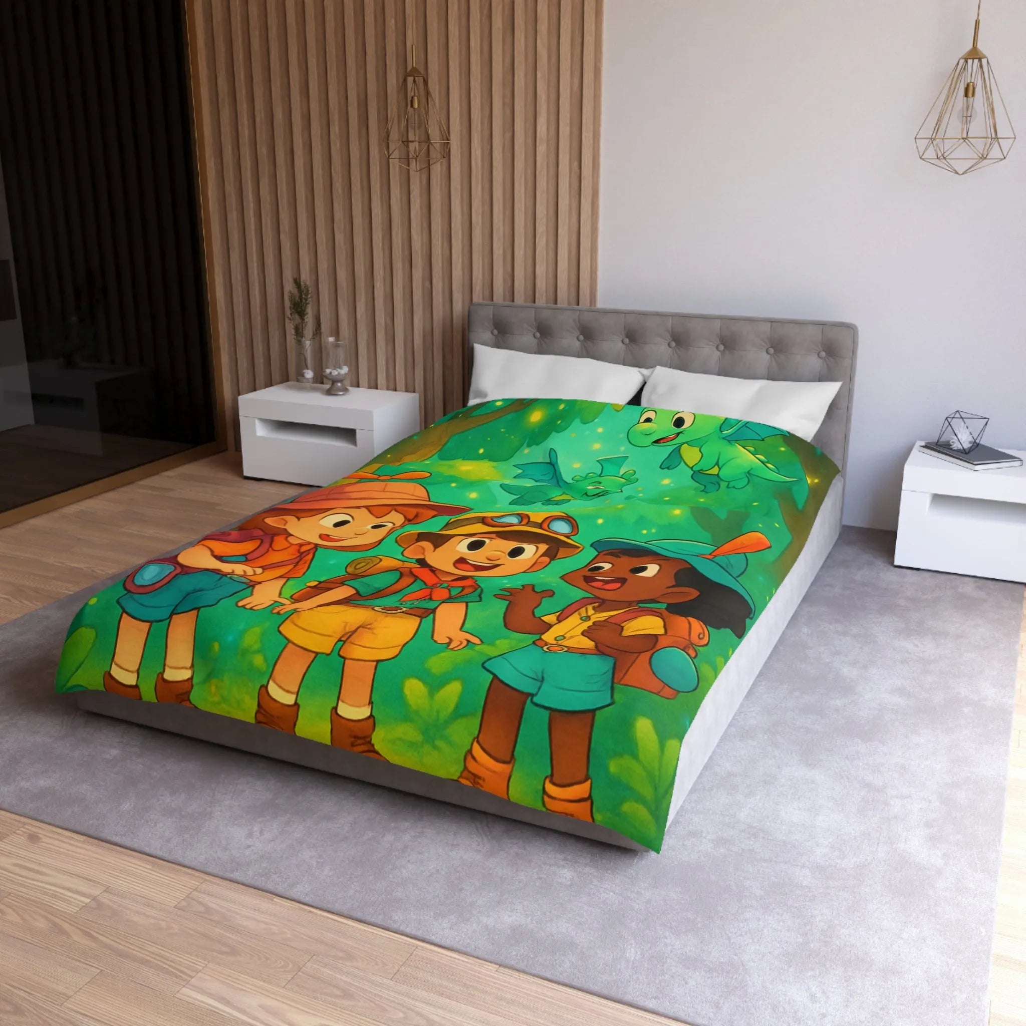 Housse de couette enfants aventure forêt avec dragons et jeunes explorateurs joyeux