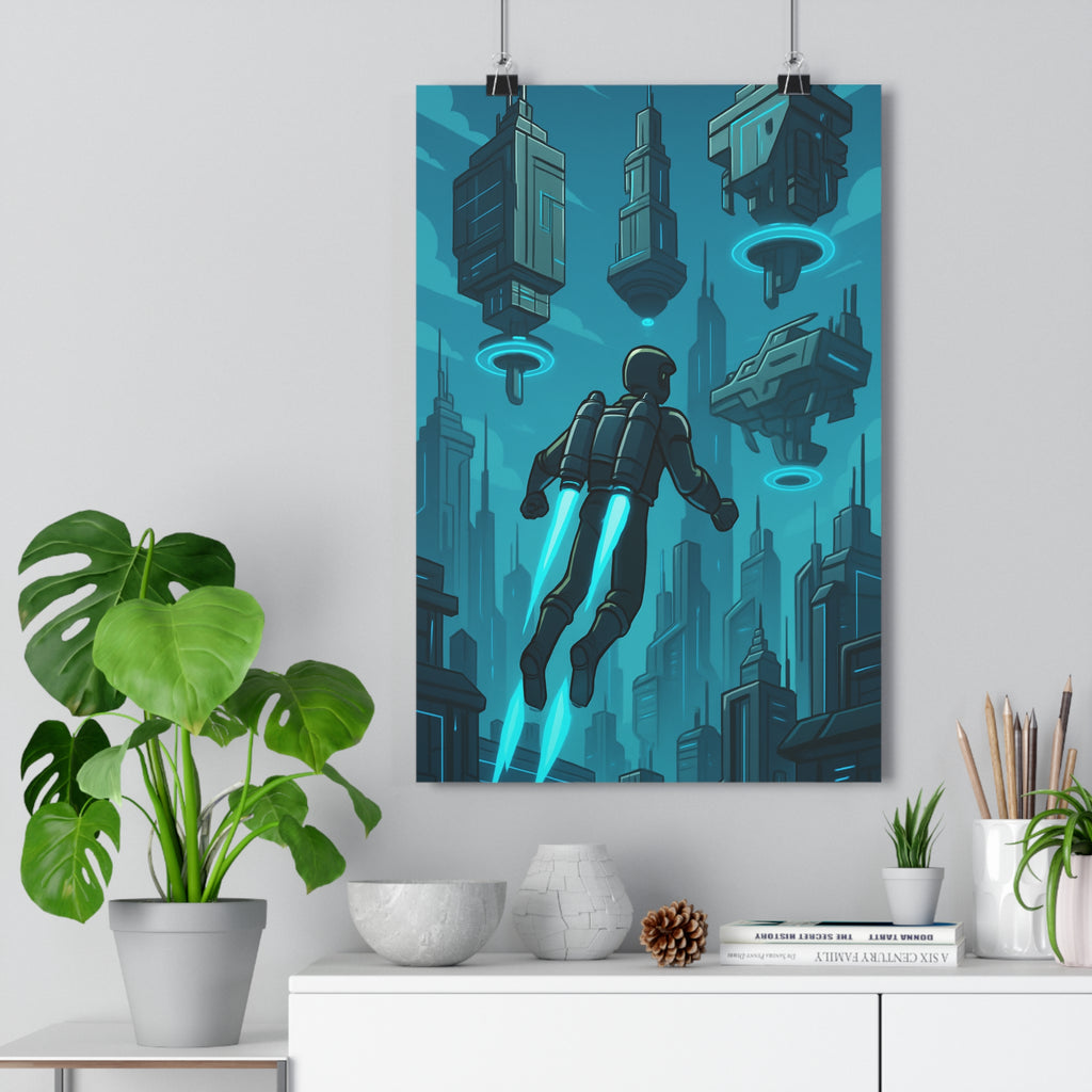 Poster décoratif futuriste personnage jetpack bleu gris cartoon dynamique bureau chambre 30x46 aventure qualité