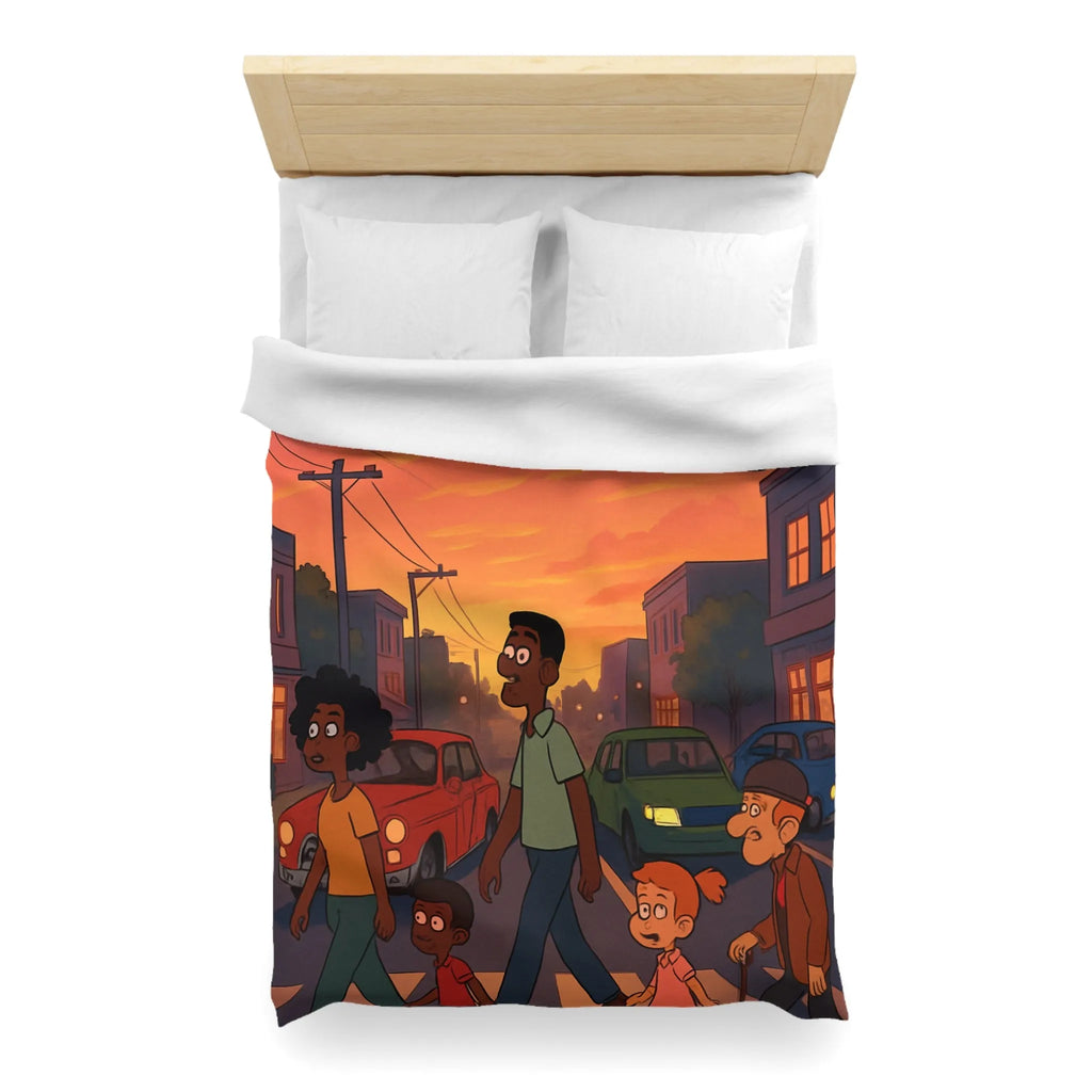 Housse de couette coucher de soleil urbain coloré, personnages divers traversant rue animée