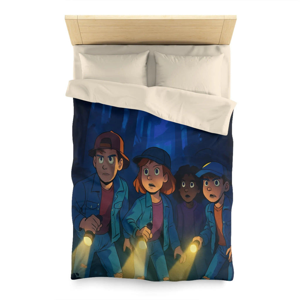 Housse de couette forêt mystérieuse enfants explorateurs avec lampes de poche illustration nocturne