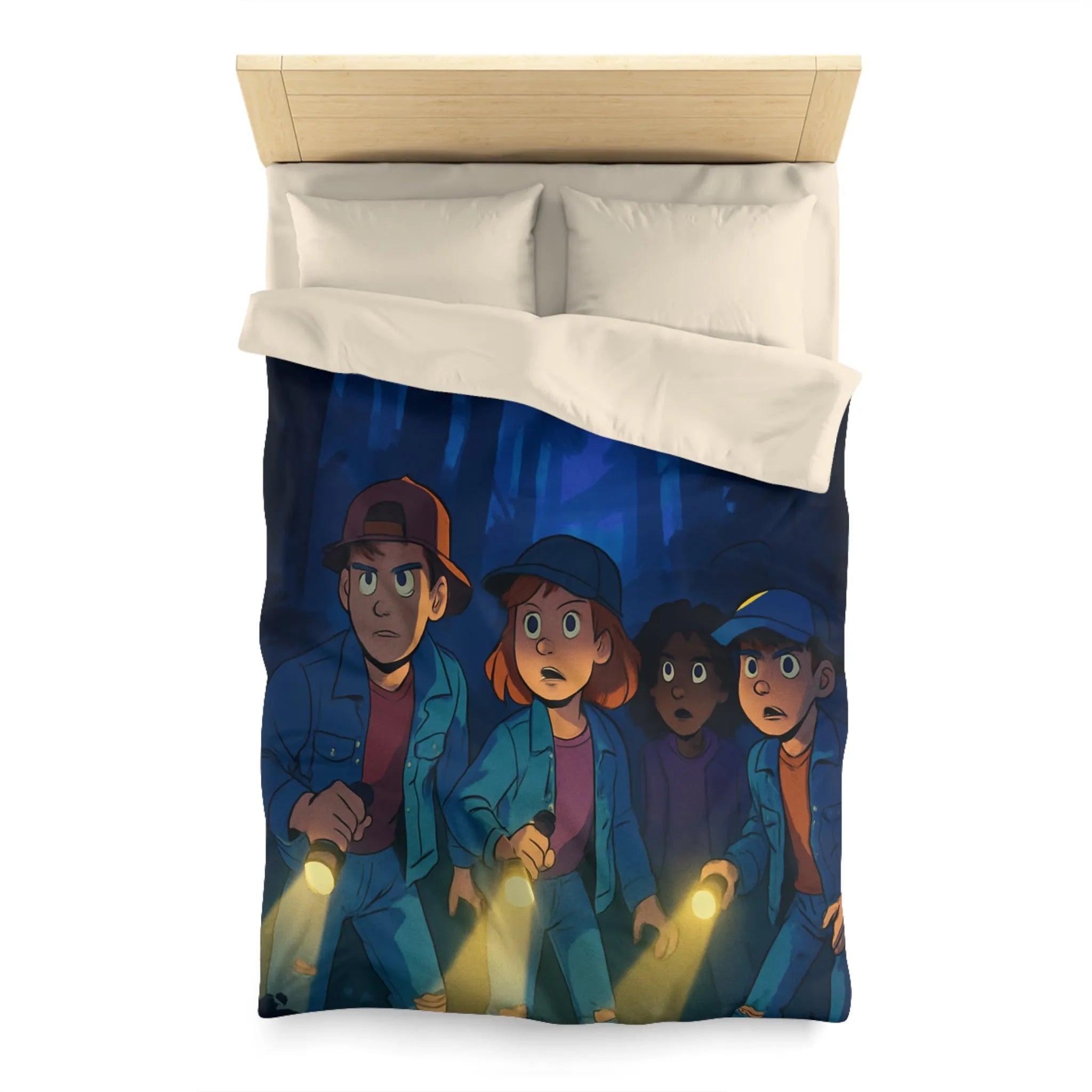 Housse de couette forêt mystérieuse enfants explorateurs avec lampes de poche illustration nocturne