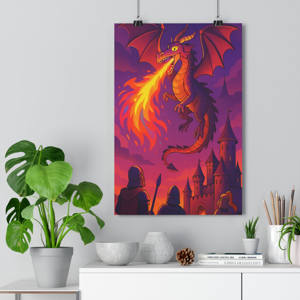Poster décoratif cartoon dragon violet orange fantastique médiéval aventure chambre salon enfant mural vibrant