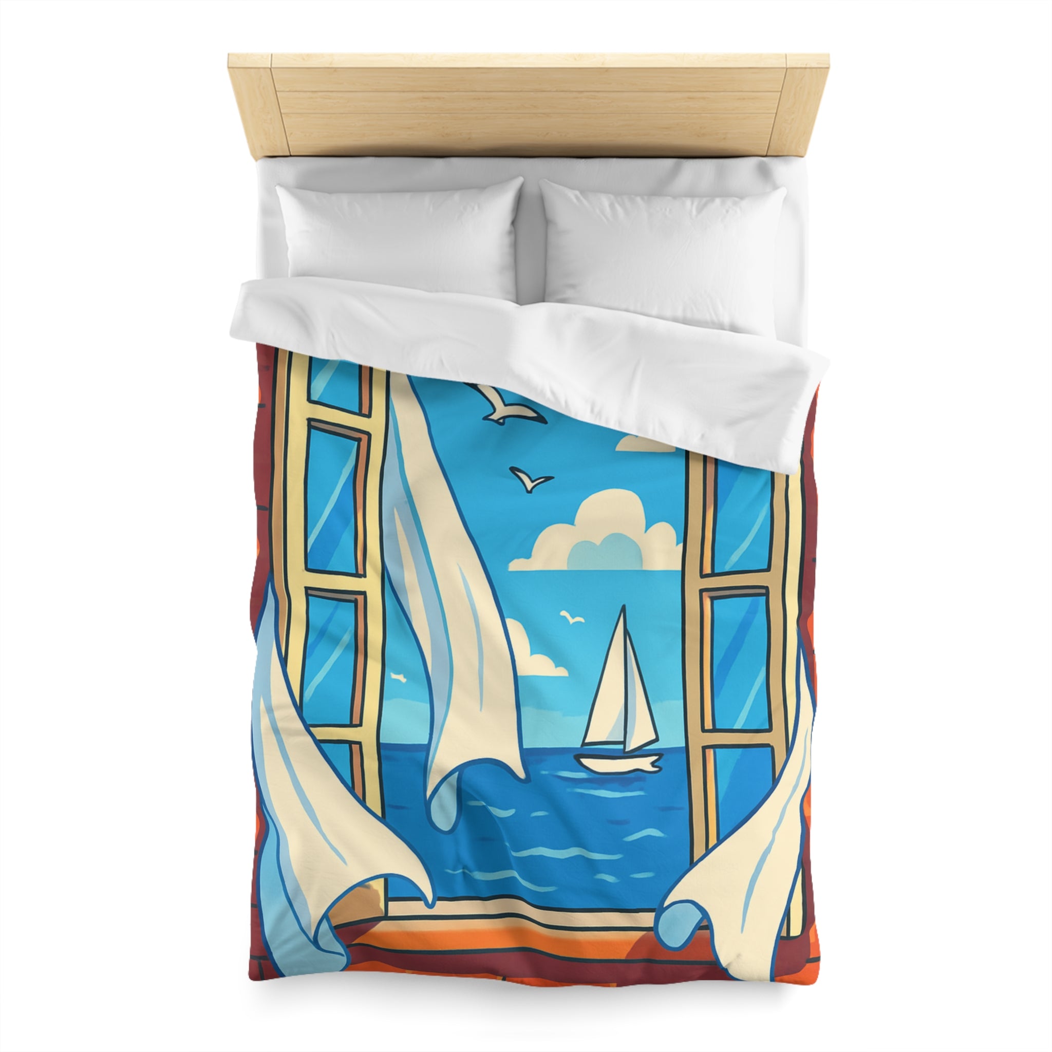 Housse de couette paysage marin fenêtre ouverte, voilier et ciel bleu serein