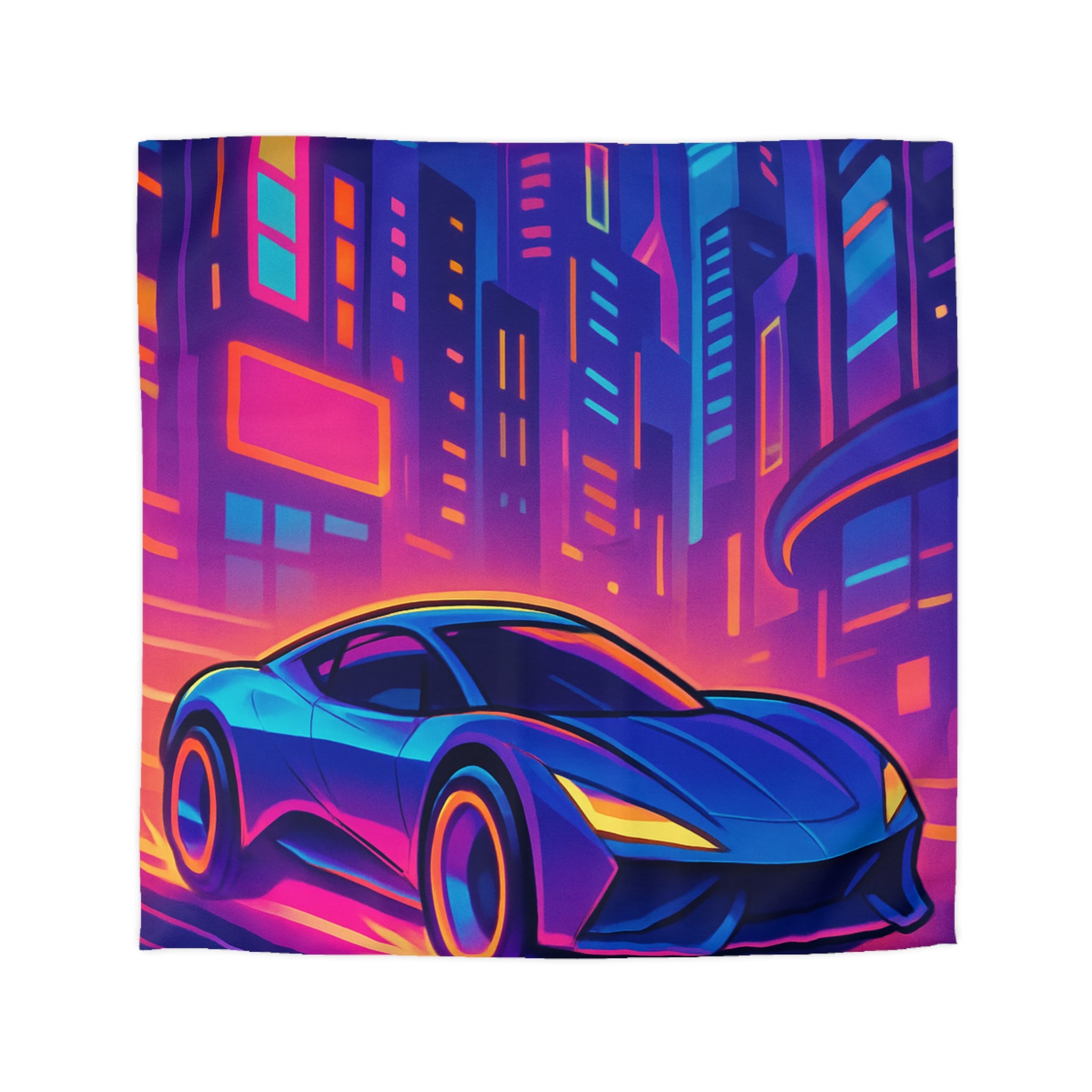 Housse de couette voiture néon sur fond de ville futuriste aux couleurs vibrantes