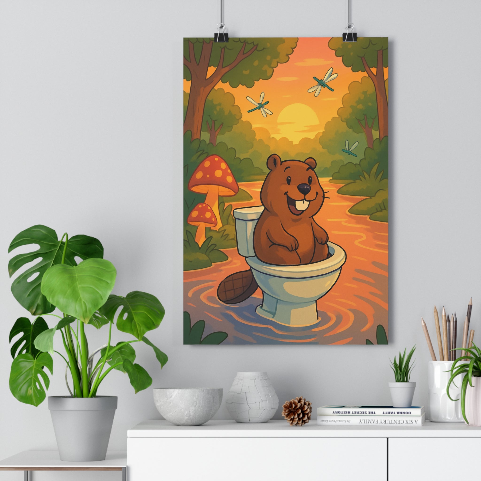 Poster décoratif cartoon illustré rivière joyeuse couleurs chaudes enfant chambre original humour unique design