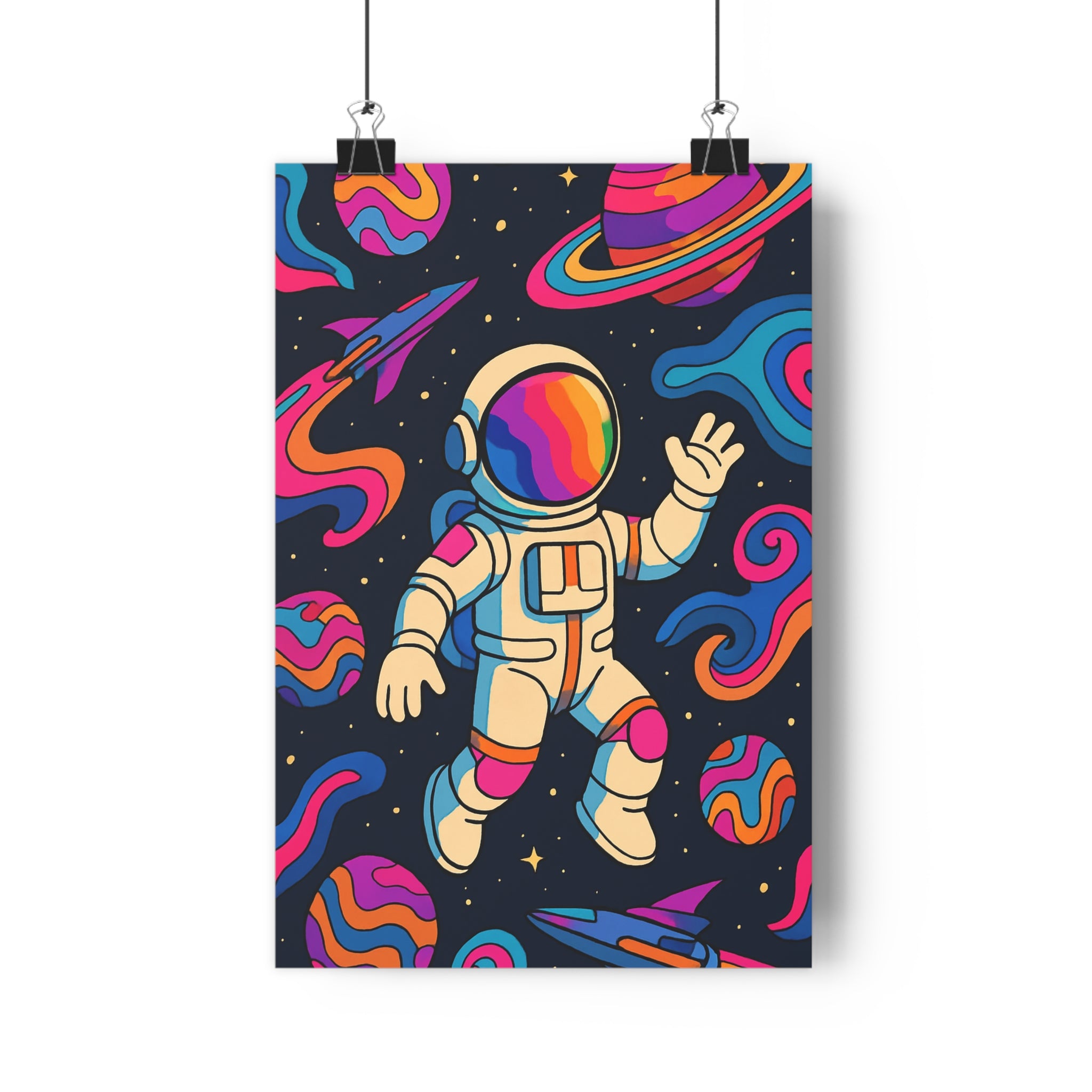 Poster décoratif astronaute néon rose bleu espace rétrofuturiste animé chambre bureau ambiance dynamique qualité