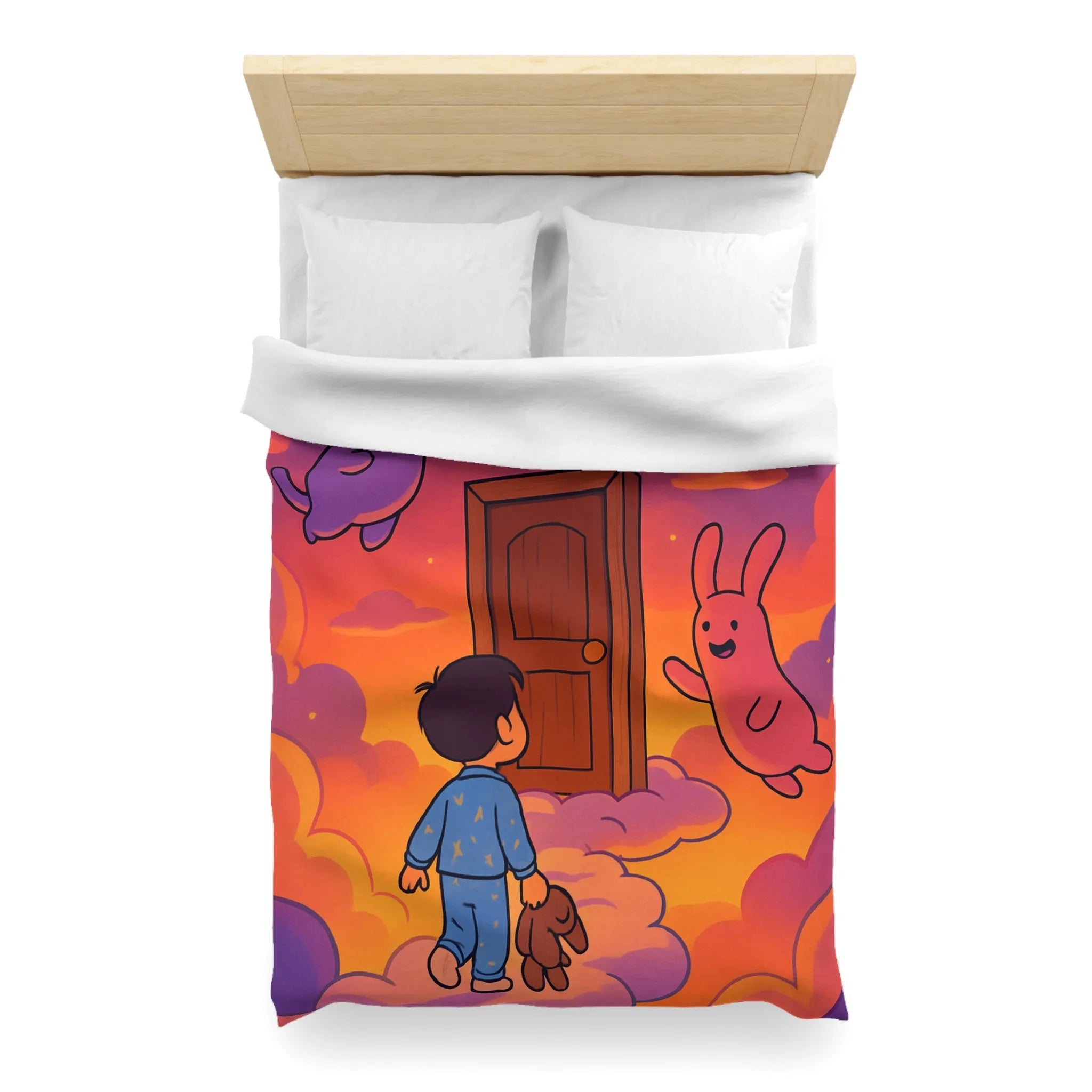 Housse de couette enfants : rêves colorés avec nuages et créatures magiques amusantes