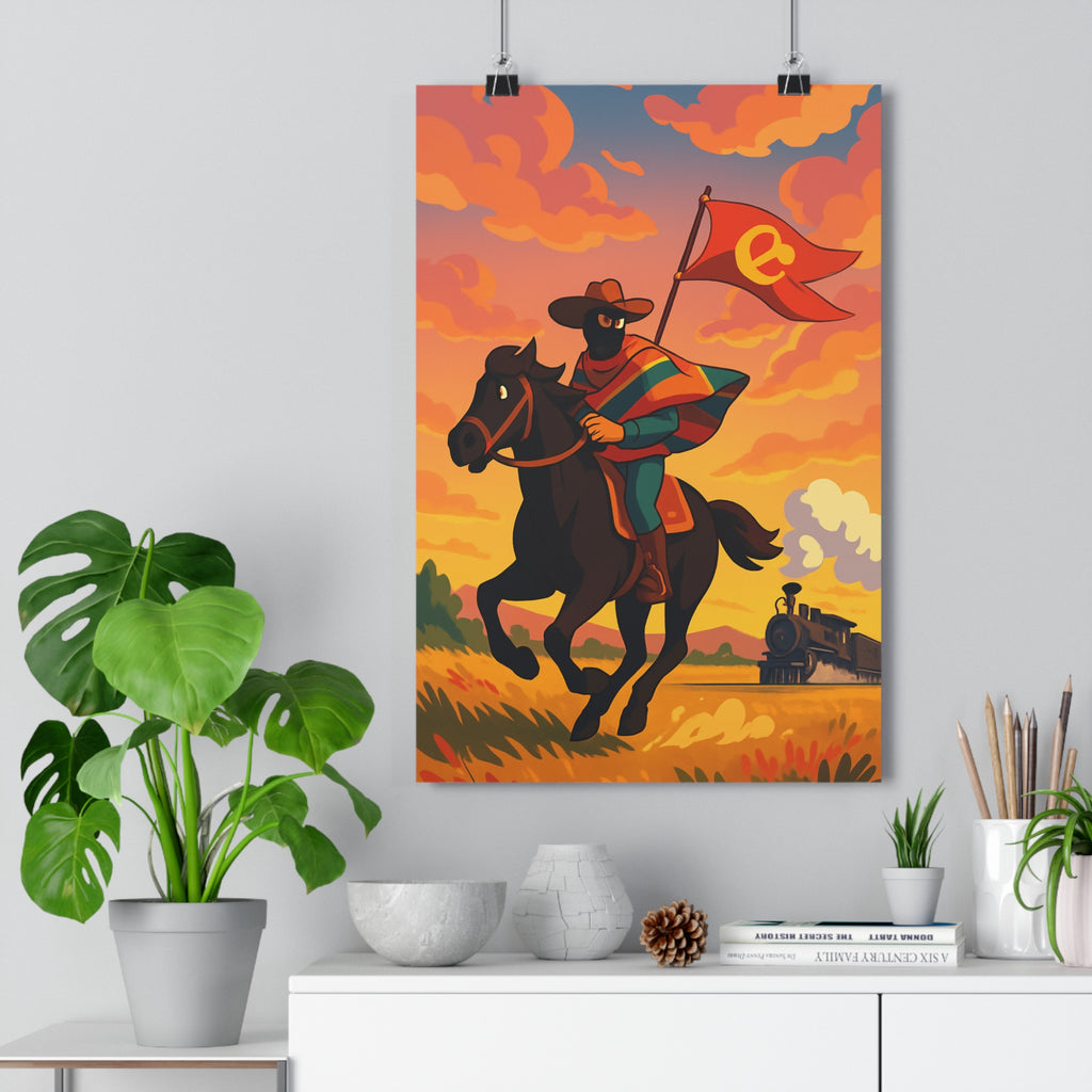 Poster décoratif cavalier aventure noir rouge jaune cartoon vibrant salon chambre bureau tendance qualité