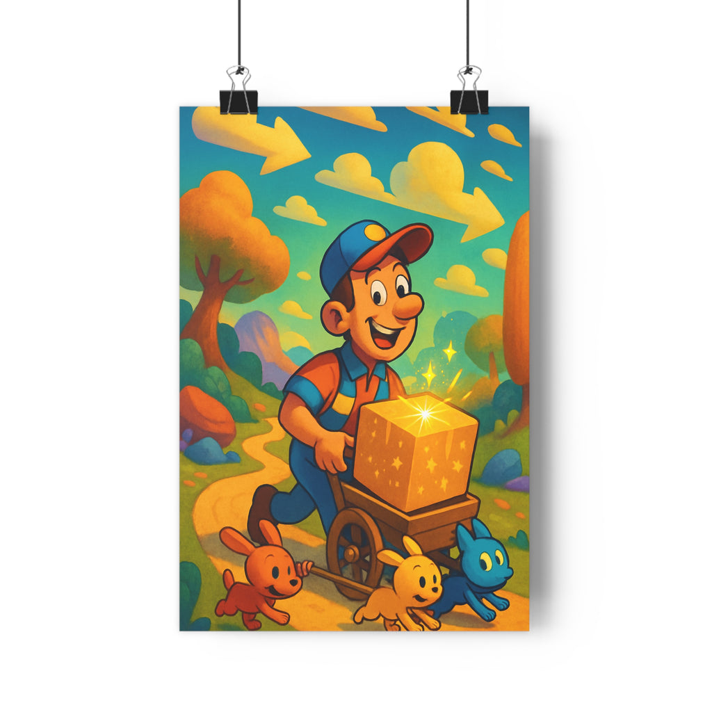 Poster décoratif aventure livreur joyeux animaux colorés ludique magique enfant chambre vibrant 30x46 cm