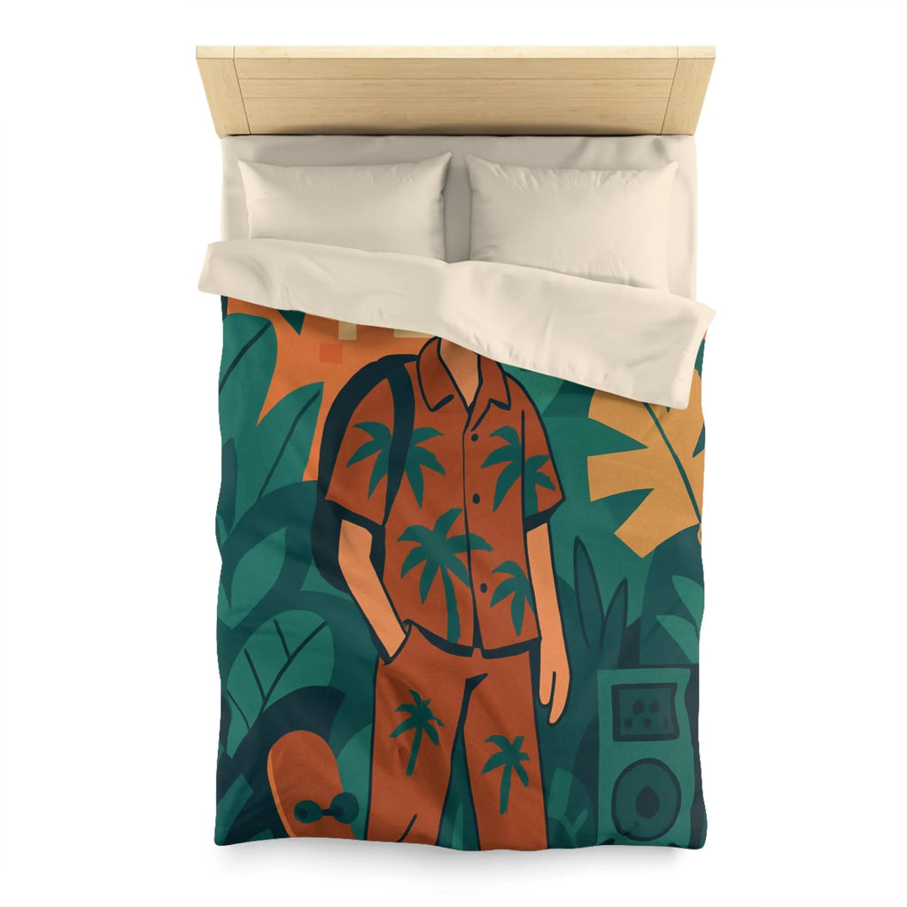 Housse de couette exotique ado, ambiance tropicale, skateboard et palmiers, style graphique coloré