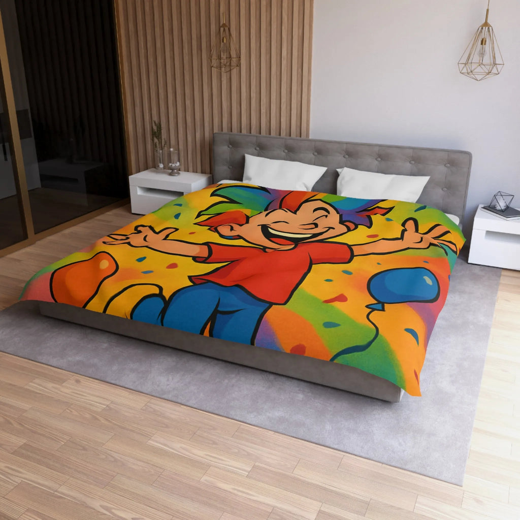 Housse de couette colorée avec enfant joyeux et ballons arc-en-ciel, ambiance festive