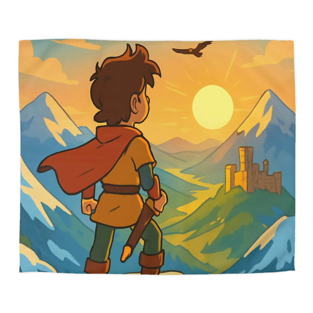 Housse de couette avec paysage montagneux, jeune aventurier et châteaux au coucher de soleil