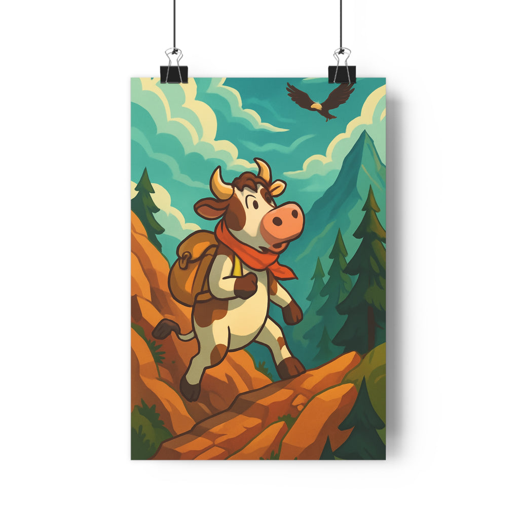 Poster décoratif cartoon bleu rouge aventure joyeux chambre enfant montagne vache aigle nature sapins