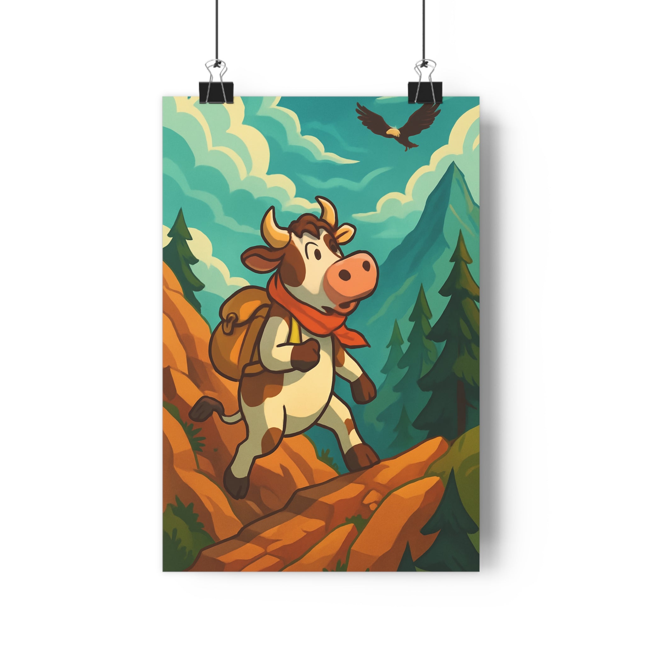 Poster décoratif cartoon bleu rouge aventure joyeux chambre enfant montagne vache aigle nature sapins