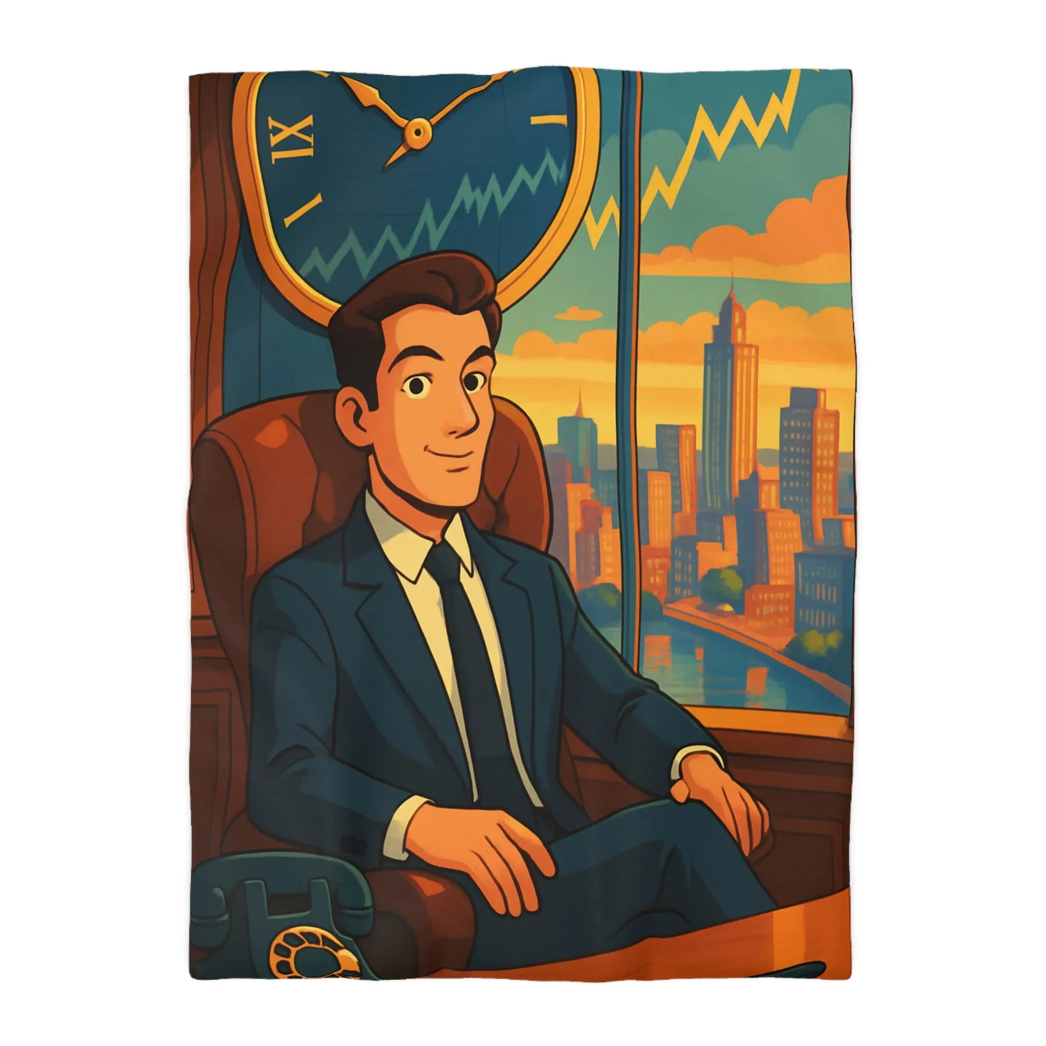 Élégante housse de couette avec homme d'affaires et horizon urbain stylisé en coucher de soleil